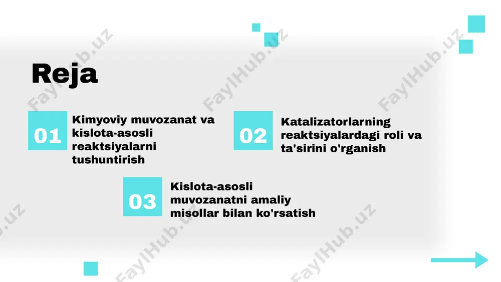 ik jarayonlarning samaradorligini ta'minlaydi. photo by victor on unsplash kislota-asosli muvozanatning o'zgarishi kislota-asosli muvozanatga ta'sir etuvchi omillar orasida harorat, bosim, va konsentratsiya o'zgarishlari bor. haroratning oshishi odatda muvozanatni o'zgartiradi, ayniqsa reaktsiya endotermik yoki ekzotermik bo'lsa. bosim gaz reaktsiyalarida muhim, konsentratsiya esa reaktsiya yo'nalishini belgilaydi. katalizatorlar esa reaktsiya tezligini oshiradi, lekin muvozanat holatini o'zgartirmaydi. photo by victor on unsplash kislota-asosli muvozanat va kimyoviy tenglamalar kislota-asosli muvozanatda reaksiyalar tenglamalar bilan ifodalanadi. misol uchun, hcl va naoh reaksiyasi natijasida suv va tuz hosil bo'ladi. bu muvozanatni matematik modellar yordamida tahlil qilish mumkin, bu esa reaktsiya tezligi va muvozanat konstantlarini aniqlashda yordam beradi. photo by victor on unsplash kislota-asosli muvozanatni o'rganishning kelajagi kelajakda kislota-asosli muvozanat sohasida yangi tadqiqot yo'nalishlari rivojlanadi. nano-texnologiyalar va kompyuter simulyatsiyalari usullari muhim rol o'ynaydi. bu innovatsiyalar ekologiya, sanoat va tibbiyot kabi sohalarda muvozanatni tushunish va nazorat qilishda yangi imkoniyatlar yaratadi, ilm-fanda va amaliyotda muhim o'zgarishlarni keltirib chiqaradi. photo by victor …