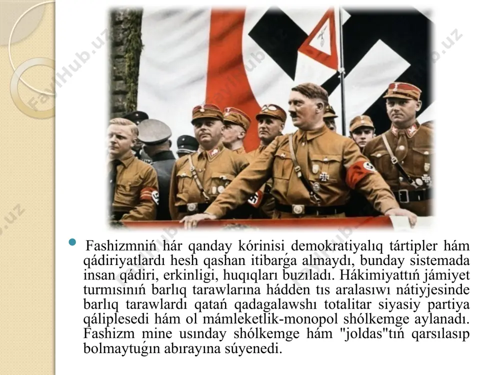 iri yaki ólim, yaki jeńimpazlarǵa boysınıw. 7 ótkir millechilik hám rasalıq sharayatında sonday boliwi tábiyiy edi. fashizmge tán bolgan jáne bir belgisi mámleket hákimiyatı aldında sıyınıw, oǵan tájim etiw edi. fashizm ushın bul milliy ruwxtı jámlestiretuǵın qúdiret, turaqlılıq hám tártiptiń kepili edi. fashistler - totalitar tártip, yaǵnıy jámiyet turmısınıń barlıq tarawları tolıq mámleket qadaǵalawına alınǵan tártip tárepdarı edi. germaniya fashizminin massalıq tiykarın birinshi jáhán urısında en kóp jábir kórgen qatlamlar ónermentler, diyqanlar, uris veteranları, jumıssızlar, erteńgi turmısı qanday bolıwınan qorqıp atırgan jumisshilar quradı. iri kapital bolsa fashizmdi qollap-quwatladı. 1929-jili júz bergen jáhán ekonomikalıq krizisi germaniyanı ayanıshlı jagdayga saldı. úsh jıl dawamında óndiris tınımsız tómenlep bardı. atap aytqanda, óndiris 40 procentke, real miynet haqısı bolsa 50 procentke azaydı. mámlekette jumıssızlar sanı 9 mln nan astı. olardıń tek ǵana 20 procenti jumıssızlıq napaqasın alatuǵın edi. xızmetkerlerdiń awhalı júdá jamanlasıp ketti. kishi hám orta isbilermenler, satıwshılar bankrotqa ushıradı. bir qatar banklerdiń bankrot boliwi …
