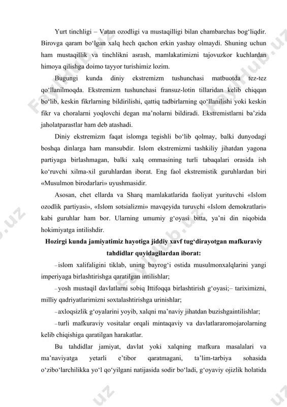 ; · turli mafkuraviy vositalar orqali mintaqaviy va davlatlararomojarolarning kelib chiqishiga qaratilgan harakatlar. bu tahdidlar jamiyat, davlat yoki xalqning mafkura masalalari va ma’naviyatga yetarli e’tibor qaratmagani, ta’lim-tarbiya sohasida o‘zibo‘larchilikka yo‘l qo‘yilgani natijasida sodir bo‘ladi, g‘oyaviy ojizlik holatida yanada kuchayib boradi va jamiyat barqarorligiga jiddiy xavf soladi. umuman olganda, g‘oyaviy zaiflik xalq ommasining tub manfaatlarini va ko‘nglidagi orzu-intilishlarini ifoda etadigan, uni taraqqiyot sari, ulkan maqsadlar yo‘lida jipslashtiradigan haqqoniy va jozibali g‘oyaning, mafkuraning yo‘qligi, ishlab chiqilmaganligi natijasida hosil bo‘ladi. u ko‘p hollarda ma’naviy beqarorlik va parokandalikka olib keladi. g‘oyaviy zaiflik va mafkuraviy beqarorlik millatning birdamligi, davlatning qudratiga putur yetkazadi, uning taraqqiyotini orqaga surib yuboradi. masalan, chingizxon bosqini, chor rossiyasi istilosi davrlarida ayrim hukmdorlarning xalqni birlashtirib, kurashga safarbar etmagani o‘lkamizni uzoq muddat qaramlik changaliga tushib qolishiga sabab bo‘ldi. har qanday jamiyatda turli manfaat, maqsad va intilishlarni ifodalovchi g‘oyalar va ularga tayanadigan kuchlar o‘rtasida ziddiyat bo‘lishi tabiiy hol. inson va jamiyat bor ekan, ezgu …