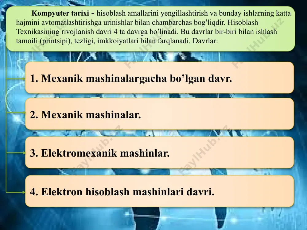 inson hayotidagi o’rni yanada ham ortib bormoqda. har bir sohaga yanada chuqur kirib, shu sohadagi jumboqlarni yechishga va ishlarni osonlashishiga juda ham katta hissa qo’shyapti. savdo-sotiq ishlari-yu, tibbiyot, harbiy va ta’lim sohalarida kompyuterning yordamisiz biron-bir ishni bajarish juda ham murakkab bo’lib bormoqda. savd-sotiq sohasida ham kompyuetr vositalarining o’z o’rni mavjud. ayniqsa, qo’l skanerlarining xizmati juda ham katta. ular tovar va mahsulotlarning shtrix va yana shunga o’xshash maxsus kodlarini o’qiydi, ularning narxini ko’rsatadi, zaxirada qancha qolganligi va yana bir qancha funksiyalarni bajaradi. u kompyuter qurilmasi bilan birgalik ish olib boradi. qo’l skanerlariga mahsulotlarning shtrix yoki qr maxsus kodlari orqali eslab qoladi va mahsulotlarni bir-biridan farqlaydi. xulosa: hozirgi glaballashuv jarayonida hayotimizni kompyuter texnologiyalarisiz tasavvur etish judaham qiyin. kompyuter texnologiyalari shaxsiy hayotimizning har bir javhasida bizning yumushlarimizni osonlashtirib, muammolarimizga tez va aniqroq javob olishimizga juda ham katta yordam beradi. ayinqsa, shaxsiy kompyuter va uning quilmalari yordamida biz o’z hisob kitobalrimizni va boshqa yumushlarimizni …