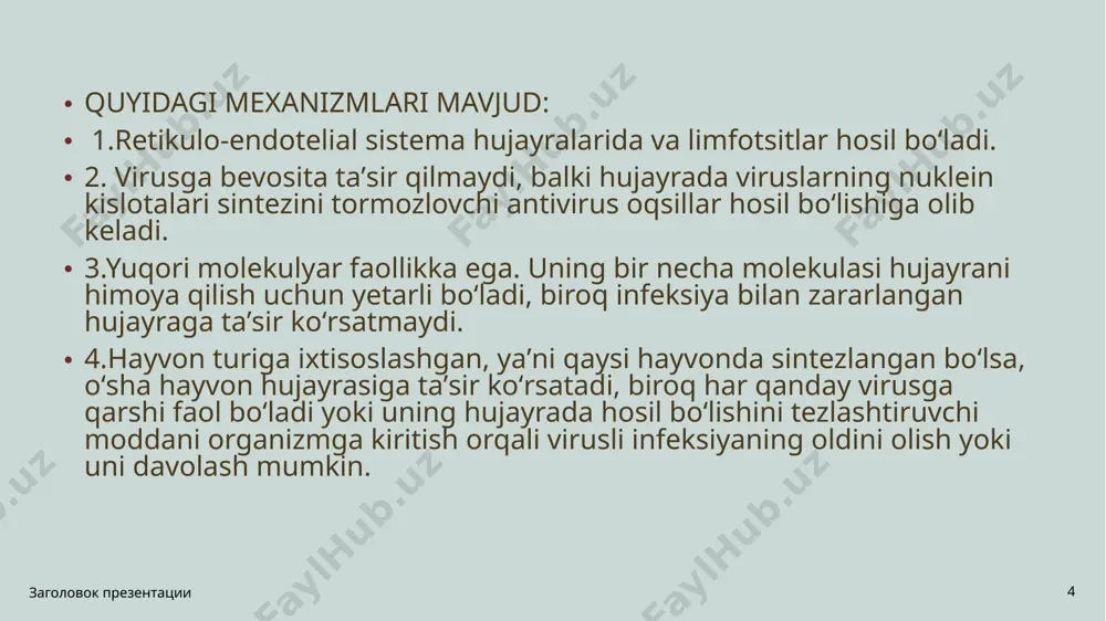 r deb nomlanadi) faollashtirishi mumkin. bundan tashqari, interferon p53 oqsilini faollashtirish orqali virusli zarrachalarning tarqalishini cheklaydi, bu infektsiyalangan hujayraning apoptotik o'limiga olib keladi название презентации 10 interferon ta'sirining ikkinchi yo'nalishi immunitet tizimini viruslarga qarshi kurashish uchun rag'batlantirishdir. interferon i va ii sinflarning asosiy gistomoslashuv kompleksi molekulalarining sintezini kuchaytiradi va immunoproteazomani faollashtiradi. i sinfdagi asosiy gisto-muvofiqlik kompleks molekulalarining yuqori darajasi virusli peptidlarning sitotoksik t-limfotsitlar va tabiiy qotil hujayralariga samarali taqdim etilishini ta'minlaydi va immunoproteazoma taqdimotdan oldin virusli peptidlarni qayta ishlaydi. ii sinfdagi asosiy gistokompozitsiya kompleks molekulalarining yuqori darajasi virusli antigenlarning t yordamchi hujayralariga taqdim etilishini ta'minlaydi. yordamchi t hujayralari, o'z navbatida, immunitet tizimining boshqa hujayralari faoliyatini muvofiqlashtiradigan sitokinlarni chiqaradi. interferon-g kabi ba'zi interferon turlari makrofaglar va tabiiy qotil hujayralar kabi immunitet tizimining hujayralarini bevosita rag'batlantirishi mumkin.interferon ishlab chiqarishni nafaqat buzilmagan viruslar, balki boshqa turli xil vositalar, masalan, ba'zi faollashtirilgan viruslar, ikki zanjirli rnk, sintetik ikki zanjirli oligonükleotidlar va bakterial endotoksinlar ham …