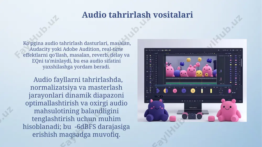 r (keyframe) orasidagi o'tishni avtomatlashtirish mumkin, bu esa animatsiyani yaratish jarayonini tezlashtiradi va animatsion o'tishlarni soddalashtiradi. turli formatlarni qo'llab-quvvatlash ko'pgina video formatlar, jumladan, mp4, avi, mov, wmv va boshqalarni, shuningdek, 1080p, 4k va undan yuqori rezolyutsiyali videolarni qo'llab-quvvatlash imkoniyati mavjud. turli kodlash usullarini qo'llab-quvvatlash, masalan, h.264, h.265, vp9, yuqori sifatli animatsiyalar va videolarni yaratish imkonini beradi. video va audio eksport qilish yuqori sifatli video eksport qilish uchun 4k rezolyutsiyada ishlov berish va 50 fps kadr tezligidan foydalanish tavsiya etiladi, biroq bu fayl hajmini sezilarli darajada oshiradi. video va audio eksport qilishda codec tanlash (masalan, h.264, mp3) fayl hajmi va sifatiga sezilarli ta'sir ko'rsatadi, shuning uchun 1080p video uchun 25 mbps bitrate yaxshi natija beradi. 2d animatsiya texnikalari 2d animatsiyada, kalit kadrlar (keyframes) orasidagi harakatni 12-24 kadr oralig'ida interpolyatsiya qilish orqali silliq animatsiya ta'minlanadi, bu esa harakatning tabiiyligini oshiradi. "rotoscoping" texnikasi haqiqiy aktyorlarning harakatlarini raqamli ravishda nusxalash orqali 2d animatsiyani yaratishda …