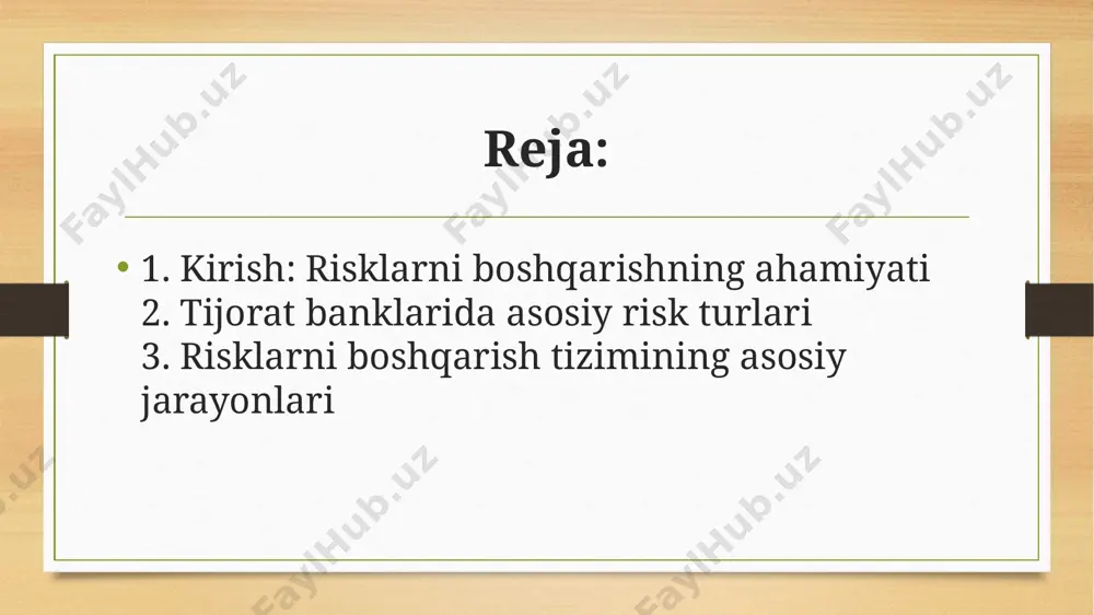 kiston banklarining xorijiy valyutadagi aktivlariga ta'sir qiladi. bu risk tashqi omillar (inflyatsiya, geosiyosiy voqealar) bilan bog'liq. - operatsion risk: ichki jarayonlar, xodimlar xatolari, texnologik nosozliklar yoki tashqi hodisalar (kiberhujumlar) natijasida yuzaga keladi. jahon banklari bo'yicha operatsion risk yo'qotishlari umumiy yo'qotishlarning 15-20% ini tashkil etadi. o'zbekistonda raqamli bankingning rivojlanishi bilan kiberxavfsizlik riski oshmoqda. tijorat banklarida asosiy risk turlari - likvidlik riski: bankning qisqa muddatli majburiyatlarini (depozitlar chiqarib olish) to'lash uchun likvid aktivlarga ega bo'lmasligi. bank run (ommaviy depozit chiqarib olish) holatida bu risk keskinlashadi. basel standartlariga ko'ra, banklar likvidlik qoplama ko'rsatkichi 100% dan yuqori saqlashi kerak. tijorat banklarida asosiy risk turlari risklarni boshqarish tizimining asosiy jarayonlari risklarni aniqlash (identification): bank ichki va tashqi manbalardan (mijozlar ma'lumotlari, bozor tahlillari, regulyator hisobotlari) risklarni topadi. o'zbekiston banklari uchun markaziy bank monitoring tizimi orqali yillik risk baholash o'tkaziladi. masalan, swot tahlili yoki risk ro'yxati (risk register) ishlatiladi. risklarni baholash va o'lchash (assessment & measurement): risklarning …