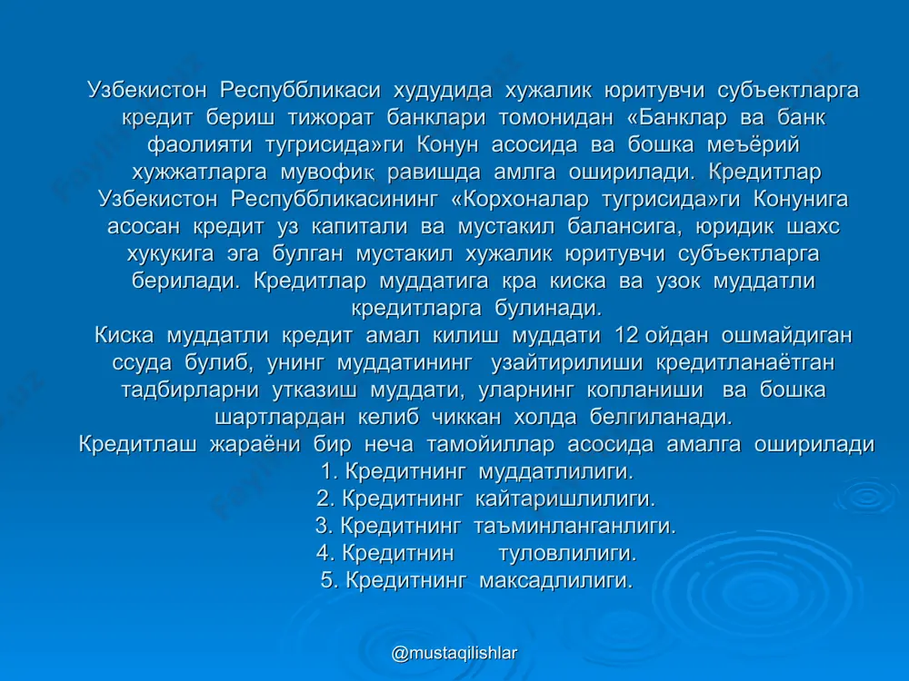 иквидлилик коэффициенти карз олувчи уз маблаглари хисобидан карзнинг кана кисмининг тулай олиш кобилиятини курсатади, яъни бу коэффициентдан мижознинг якин келажакда опнратив равишдв банкка карз тулаб бериш кобилиятини прогнозлаш коэффициенти канча юкори булади. корхонанинг уз маблаглари билан таъминланганлиги мухторийлик коэффициенти умумий корхона баланси пассивининг канча кисми корхонанинг уз маблагларидан ташкил топганлилигини бахолайди ва карз маблаглари ичидаги корхона мустакиллилиги акс эттиради. мухторийлик коэффициенти мижознинг уз маблагларининг барча маблаглар ьманбалари ичида тутган салмогини, яъни корхона фаолиятининг к аняа кисми уз капитали хисобидан молиялаштирилишини курсатади. @mustaqilishlar @mustaqilishlar бозор иктисодиёти шароитида банклар вактинчалик айланма маблагларга мухтож кор хоналарни кредитлаш вазифасини хам амалга ошириради. 2006 йилда «пахтабанк» уз кредит сиёсатини узбекистон республикасидаги бохор ислохотларини чукурлаштириш оркали мамлакатни ижтимоий – иктисодий ривожлантириш дастурига асосланиб олиб борди. «пахткбанк»! утган йилад уз филиаллари оркали мулкчиликниннг барча шаклларида кишлок хужалик, саноат, таъминот таркатиш, тайёрлов. савдо, курилиш, транспорт ва бошк корхоналарни кредитлаш юзасидан фаол сиёсатини амалга оширди. 2006 йил давомида иктисодиёт …