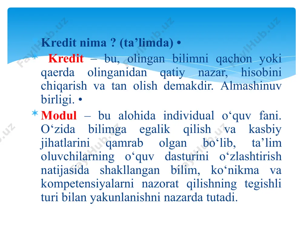 n qo‘llanilishi mumkin. 1 kredit odatda 30 akademik soatga teng. kreditning 3 ta asosiy tushunchasi: o‘qituvchi bilan yuzma-yuz vaqt (contact hours) ; talabaning sarflagan vaqti (student committed time); bilim olish davri (learning time). eslatib o‘tamiz, 1 soat auditoriya vaqti uchun talaba qo‘shimcha yana 1,5 soat uyda va kutubxonada o‘qishi zarur. kredit-modulda baholash ects baholash: a-86-100- “a’lo” v- 81-85- “juda yaxshi” s- 71-80- “yaxshi” d- 60-70- “ qoniqarli” e- 55-59- “o‘rta qoniqarli” fx- 31-54 “qoniqarsiz” kredit-modulda kreditlar faqat joriy nazorat uchun quyiladi. masalan, psixologiya nazariyasi va tarixi moduliga 12 kredit 360 soat ajaratilgan. 3- kredit-90 soat ma’ruza 2- kredit- 60 soat seminar 7- kredit- 210 soat mustaqil ta’lim. joriy – 50 ball va yakuniy baho- 50 ball majburiy, ular kreditni yopish uchun kerak. sillabus- bu nima? sillabus -talabani modulni o’zlashtirishi uchun o`zlashtirishi uchun zarur mavzular va topshiriqlar dasturidir. dasturda ma’ruza, seminar mashg`ulot, oraliq va yakuniy nazorat savollari, baholash mezonlari aks ettirilgan. …