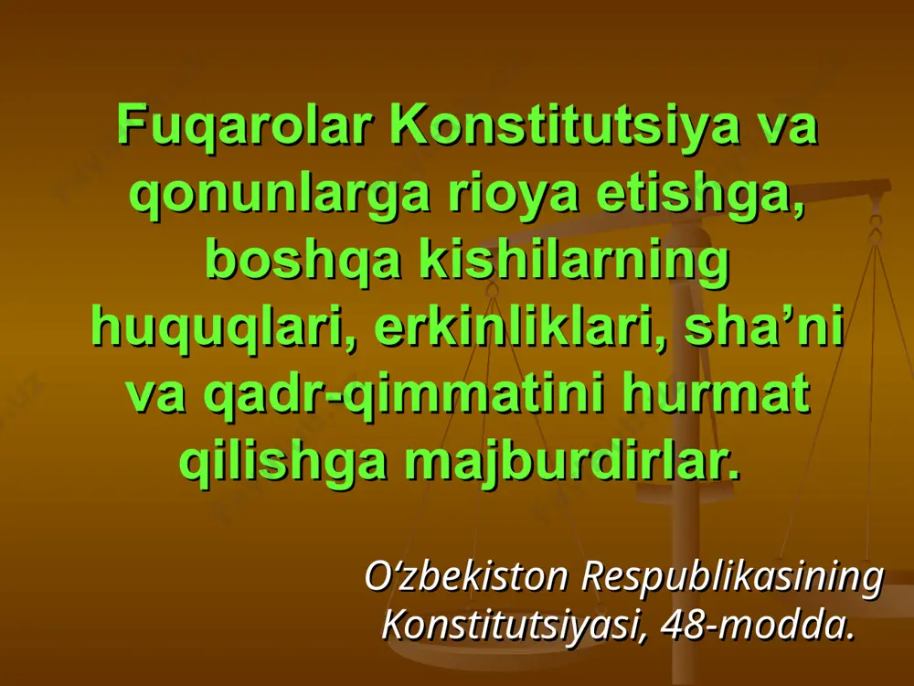 a bo‘lishi, milliy-ma’naviy merosga munosabat, umumbashariy demokratik tamoyillarning uyg‘unligini ta’minlash kabi jihatlar davlatchilik qurilishining qanday asosda amalga oshirilishi bilan bevosita bog‘liqdir. huquqiy madaniyat – qonun ustuvorligi asosi fuqarolarning o‘z huquq va qonuniy manfaatlarini bilishi, burchlariga qat’iy rioya etishi jamiyatda qonun ustuvorligiga erishish va huquqiy madaniyatning yuksalishida muhim ahamiyatga ega. shu bois aholining huquqiy madaniyatini oshirish davlatimiz siyosatining muhim yo‘nalishlaridan biri sifatida belgilangan. prezidentimiz islom karimov tomonidan taqdim etilgan mamlakatimizda demokratik islohotlarni yanada chuqurlashtirish va fuqarolik jamiyatini rivojlantirish konsepsiyasida ham bu masalaga alohida e’tibor qaratilib, yurtimizda huquqiy davlat asoslarini tobora takomillashtirish va aholining huquqiy ongi va madaniyatini yuksaltirish hal qiluvchi vazifa bo‘lib qolishi ta’kidlangan. zero, jamiyatning demokratiya yo‘lidan jadal rivojlanishi va bu boradagi islohotlarning samarasi ko‘p jihatdan odamlarning huquqiy ongi va madaniyati darajasiga bog‘liq. mamlakatimizda demokratik huquqiy davlat va fuqarolik jamiyati barpo etish yo‘lidagi izchil islohotlar jarayonida aholining huquqiy madaniyati va ongini oshirishga alohida e’tibor qaratilayapti. bunda mamlakatimizda umuminsoniy qadriyatlarni o‘zida …