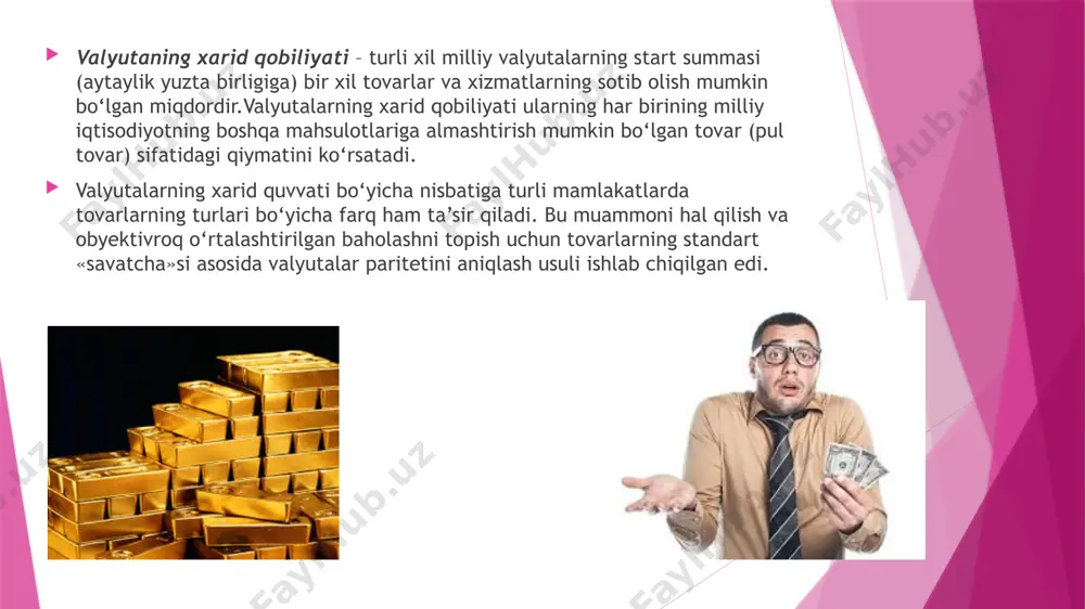 im. bunda korxonalar va tadbirkorlar kredit qaytarilmaydigan sovg‘a emasligini tushunishlari lozim. kreditlar o‘z vaqtida qaytarilishi kerak. to‘rtinchi dastur. milliy valyutaning mustahkamlashning muhim sharti inflyatsiyaga qarshi siyosatning qo‘llanili-shidir. valyutaning mo‘’tadilligi inflyatsiya darajasini keskin pasaytirishga bog‘liqdir. @mustaqilishlar jahon valyuta tizimida oltinning roli jahon valyuta tizimining samarali hamda barqaror faoliyat ko’rsatishi uning jahon xo’jaligi tuzilmasi va holatiga muvofiqlik darajasiga bevosita bog’liq bo’ladi. xalqaro moliyaviy muhitda yuzaga kelgan bir qator o’zgarishlar hamda mamlakatlar o’rtasidagi iqtisodiy munosabatlar rivojlanishining ta’siri natijasida jahon valyuta tizimining amal qilish tamoyillari ham o’zgardi. jahon valyuta tizimi rivojlanish jarayonida quyidagi bosqichlarini bosib o’tdi: – parij valyuta tizimi (1867-1914 y.y.); – genuya valyuta tizimi (1922-1929 y.y); – bretton-vuds valyuta tizimi (1945-1976 y.y.); – yamayka valyuta tizimi (1976 yildan hozirgi davrgacha). @mustaqilishlar birinchi jahon urushidan keyin mamlakatlar o’rtasidagi tashqi iqtisodiy aloqalarning qayta tiklanishi natijasida jahon valyuta tizimining yangi tamoyillarini ishlab chiqishga zarurat tug’ildi. ushbu davrdan jahon valyuta tizimi rivojlanishining yangi bosqichi amal qila …