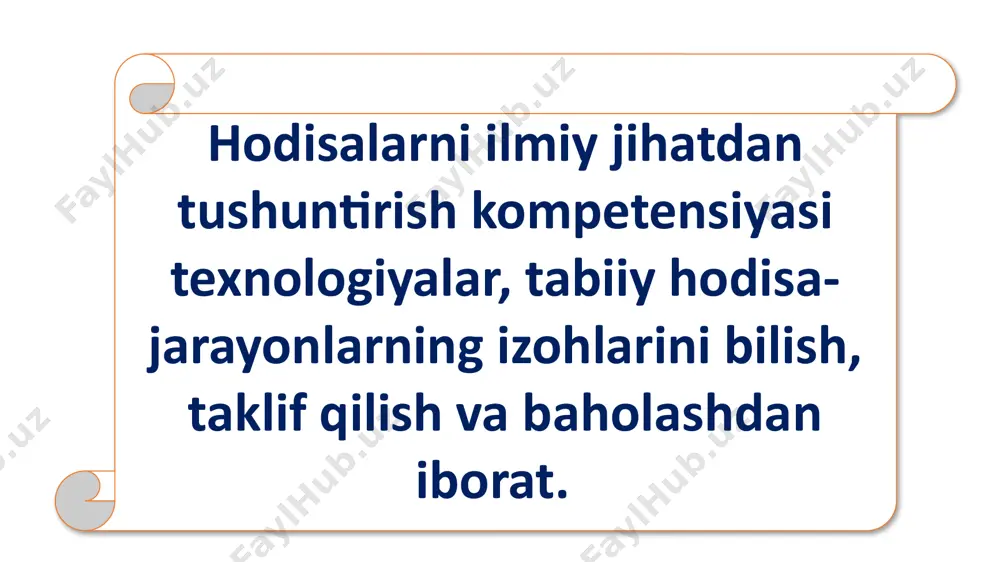 q 22 аn’anaviy savol hujayra qanday qismlardan tashkil topgan? osmotik bosimga ta’rif bering tabiiy fanlar bo‘yicha savodxonlikka oid savol nima sababdan meva, urug‘ va sabzavot ekinlarini pishish oldidan sug‘orish mumkin emas? оlimlar organizmning irsiy belgilarini o‘zgartirish uchun hujayraning qaysi qismiga ta’sir ko‘rsatishadi? тоvush to‘lqinlarining tezligi, davri va uzunligini bog‘lovchi formulani yozing. minglab kilometr uzoqlikdagi yer qimirlashi haqida qanday va qancha vaqtda bilishimiz mumkin? an’anaviy yondashuv bilan tabiiy fanlar bo‘yicha savodxonlik o‘rtasidagi farq 23 24 о‘quvchilarda tabiiy fanlar savodxonligini tarkib toptirish va rivojlantirish kelgusida ularning ongli ravishda kasb tanlashi, mustaqil hayot va jamiyatda faol fuqaro sifatida o‘z o‘rnini topishiga imkon beradi. o‘quvchilarning fanga bo ‘lgan ijobiy munosabatini shakllantirish yuzasidan tavsiyalar izohlovchi farazlarni taklif etish konteks qisqa matn geterogen – bir necha turdosh fan sohasi bo‘yicha topshiriqlar polimorf- har xil turdagi topshiriqlar real hayotiy voqelikga asoslangan ochiq javobli qiziquvchan bo‘ling. nima uchun shunday ekanligini anglash uchun savollar bering. rostgo‘y bo‘ling. kuzatish va …