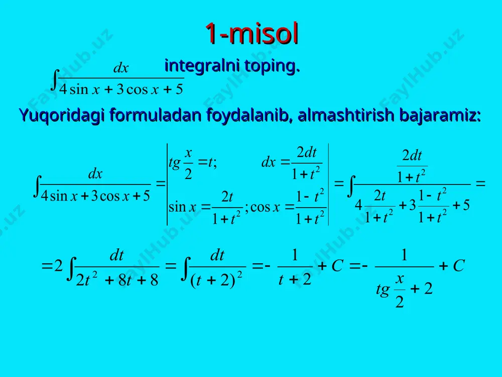 trigonometrik funksiyalar qatnashgan integrallar va irratsional ifodalarni integrallash - Page 5
