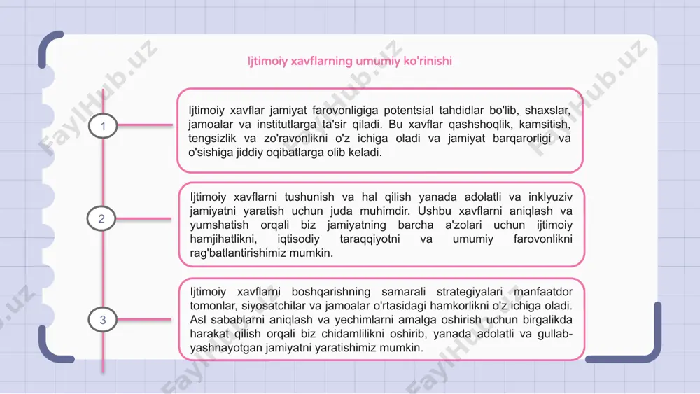 va obro'siga putur etkazishi mumkin. ijtimoiy xavf-xatarlarni hal qilishda axloqiy me'yorlarga ustunlik berish ishonch va obro'-e'tiborni saqlash uchun juda muhimdir. tashkilotlar ijtimoiy xavflarni bartaraf etishda o'z harakatlarini boshqarish uchun axloqiy asoslar va siyosatlarni ishlab chiqishi kerak. qarorlarni qabul qilish jarayonlariga axloqiy me'yorlarni kiritish orqali tashkilotlar mumkin bo'lgan zararni kamaytirishi va manfaatdor tomonlar bilan mustahkam aloqalar o'rnatishi mumkin. ijtimoiy xavflarni baholash vositalari va metodologiyalari ijtimoiy xavflar shaxslar, tashkilotlar va umuman jamiyatlar uchun jiddiy oqibatlarga olib kelishi mumkin. ushbu xavflarni tushunish va boshqarish barqaror rivojlanish va o'sish uchun juda muhimdir. ijtimoiy xavflarni baholash vositalari va metodologiyalari potentsial xavflarni aniqlash, tahlil qilish va kamaytirishda muhim rol o'ynaydi. ushbu vositalar ijtimoiy muammolarning turli manfaatdor tomonlarga ta'sirini baholashda va ularni samarali hal qilish bo'yicha strategiyalarni ishlab chiqishda yordam beradi. ushbu baholash vositalaridan foydalangan holda, tashkilotlar potentsial ijtimoiy xavflarni faol ravishda aniqlashlari va hal qilishlari mumkin, bu esa yaxshiroq qaror qabul qilish va manfaatdor tomonlar o'rtasidagi …
