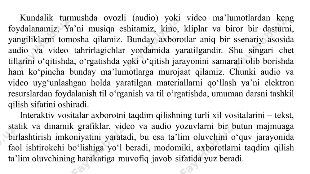 sh uchun yuqorida keltirilgan kengaytmali fayllar mavjud bo’lish kerak. agar mavjud bo’lmasa ularni yozish kerak bo’ladi. masalan, windows 7 muhitida ovozlarni yozishda o’zining standart dasturidan foydalanish mumkin. uni “пуск” – “все программы” – “стандартные” – “звукозапись” ketma – ketlikni bajarib ishga tushiriladi. ketma – ketlik bajarilgandan so‘ng, quyidagi rasmdagi oyna hosil bo‘ladi videofayllar. analogli va raqamli video hozirgi kunda video ma’lumotlarning ikki tipi mavjud: analogli va raqamli. analogli video videosignallarni uzatishning dastlabki usuli bo‘lib, analogli usuldagi birinchi video formatlardan biri kompozit videosignal hisoblanadi. kompozit analogli video barcha videokomponentlarni (yorqinlik, rang, sinxronlik va h.k.) bir signalga birlashtiradi. bu elementlarni bir signalga birlashtirish hisobiga kompozit video sifati mukammal bo‘la olmaydi. natijada biz aniq bo‘lmagan ranglar uzatilishiga, tasvirning yetarli bo‘lmagan aniqligiga va boshqa sifat yo‘qotish faktorlariga ega bo‘lamiz. shu sababli kompozit video turli video komponentlari mustaqil signallar sifatida namoyon bo‘luvchi komponentli videoga tezda yo‘l bo‘shatib berdi. gap shundaki, inson ko‘zi yuqori yoritilganlikda ham …