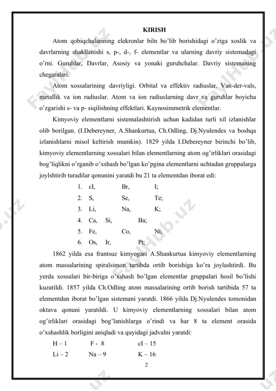 n 1864 yilda nemis olimlaridan odling va lotar – meyerlar ham davriy sistema tuzishga harakat qildilar, ammo ular ham o’z izlanishlaridan aniq bir ilmiy xulosaga kela olmadilar. 1869 yilda d.i.mendeleev tomonidan davriy qonun asosida yaratilgan elementlar dvriy sistemasi olamshumul ahamiyatga ega bo’ldi. d.i.mendeleev elementlar davriy sistemasini yaratgan paytda dastlab 63 ta element ma‘lum edi. u elementlarning yuqori oksidlanish darajalariga qarab so’zi tuzgan sistemaga joylashtirdi noma‘lum bo’lgan elementlarni xossalarini oldindan aytib ularga hayot davrida topildi. bu elementlar 10 yil ichida d.i.mendeleev hayot davrida topildi, ya‘ni 1875 yilda lokok de-buabodran tomonidan eka alyuminiy (galliy), 1879 yilda shvetsariyalik olim nilson kleve tomonidan ekabor (skandiy), 1885 yilda esa vinkler tomonidan ekasilitsiy (germaniy) elementlarining ochilishi va ularning xossalari d.i.mendeleev bashorat qilgan xossalarga juda yaqinligi d.i.mendeleevning yanada sistemani to’g’ri tuzganligini ko’rsatdi. 1869 yil d.i.mendeleev tomonidan ochilgan davriy qonun horzirgi zamon tabiatshunosligida eng asosiy qonunlardan biri hisoblanadi. u dunyoning materil birligini bildirgani uchun nafaqat kimyoda balki butun …