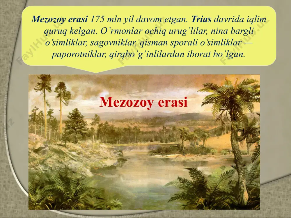 ib yopiq urug’li o’simliklarning bir urug’ pallali, ikki urug’ pallali sinflarining ko’p oilalari rivojlangan. ularning xilma-xilligi, tashqi qiyofasi ko’p jihatdan hozirgi zamon florasiga yaqinlashgan. yirtqich, o‘txo‘r sudralib yuruvchilar tanasi kattalashgan. ularning ustki qismi qalqonlar bilan himoyalangan. qushlar tishli bo‘lib, boshqa xossalari bilan hozirgi zamon qushlariga o‘xshagan. bo‘rning ikkinchi yarmida sutemizuvchilarning xaltali va yo‘ldoshli kenja sinf vakillari paydo bo‘lgan. uchlamchi davrning boshlarida iqlim issiq va nam bo’lgan. tropik va subtropik o’simliklar keng tarqalgan. davr o’rtalarida iqlim quruq va mo’tadil, oxirida esa keskin sovigan. to’rtlamchi davrda shimoliy muz okeani muzlarining bir necha marta janubga siljishi va orqaga chekinishi tufayli juda ko’p issiqsevar o’simliklar janubga, muzlik orqaga chekinishi bilan yana shimol tomon tarqaladilar. oraliq formalar. tuzilishiga ko’ra turli sinf belgilarini o’zida birlashtirgan organizmlar oraliq formalar deyiladi. adabiyotlar ro’yxati burxonova x.k., murodov m.m. mikrobiologiya. toshkent, «o’qituvchi», 1975. vahobov a., inog’omova m. mikrobiologiya. uzmu. toshkent, 2000. bakulina n.a. i dr. mikrobiologiya. toshkent. meditsina, 1979. mustakimov …