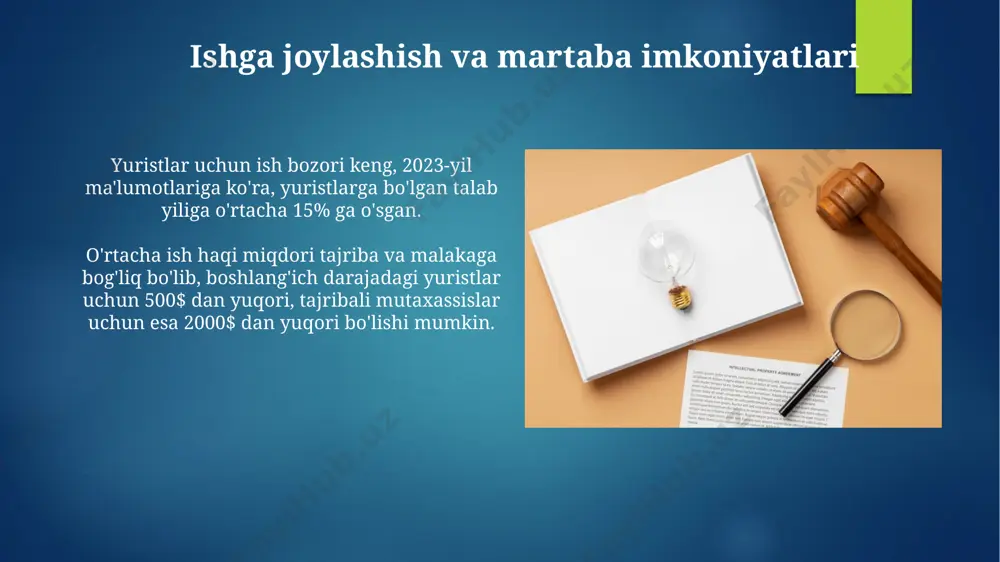 o'z ichiga oluvchi integratsion yondashuv qo'llaniladi. jamoaviy ish va hamkorlik loyihalar ustida ishlashda, masalan, 5 ta turli qonun hujjatlarini tahlil qilishda, jamoaviy hamkorlik va o’zaro fikr almashish orqali muammoli vaziyatlarni hal qilish qobiliyati shakllanadi. jamoaviy ish orqali talabalar 2-3 kishilik guruhlarda amaliy mashg’ulotlar, sud jarayonlarini simulyatsiya qilish va huquqiy tahlil ishlarini bajaradilar, bu esa ularning muloqot va hamkorlik ko’nikmalarini rivojlantiradi. huquqiy texnologiyalar va innovatsiyalar virtual haqiqat (vr) texnologiyalari sud jarayonlarini simulyatsiya qilish va 5 dan ortiq realistik stsenariylarni ishlab chiqish orqali talabalarning amaliy tajribasini boyitadi. huquqiy texnologiyalar, masalan, sun'iy intellekt yordamida 30% ga huquqiy tadqiqotlar samaradorligini oshirish imkoniyatini beradi va bu talabalarning amaliy ko'nikmalarini rivojlantirishga yordam beradi. amaliy mashg'ulotlar va simulyatsiyalar amaliy mashg'ulotlar, 2-4 talik guruhlarda o'tkazilib, talabalarga 10 dan ortiq real hayotdagi huquqiy muammolarni hal qilish ko'nikmalarini egallashga imkon beradi. har bir amaliy mashg'ulot va simulyatsiya 3-5 ta baholash mezonlari bo'yicha, jumladan, huquqiy bilim, tahlil qilish va muloqot qobiliyatlari …