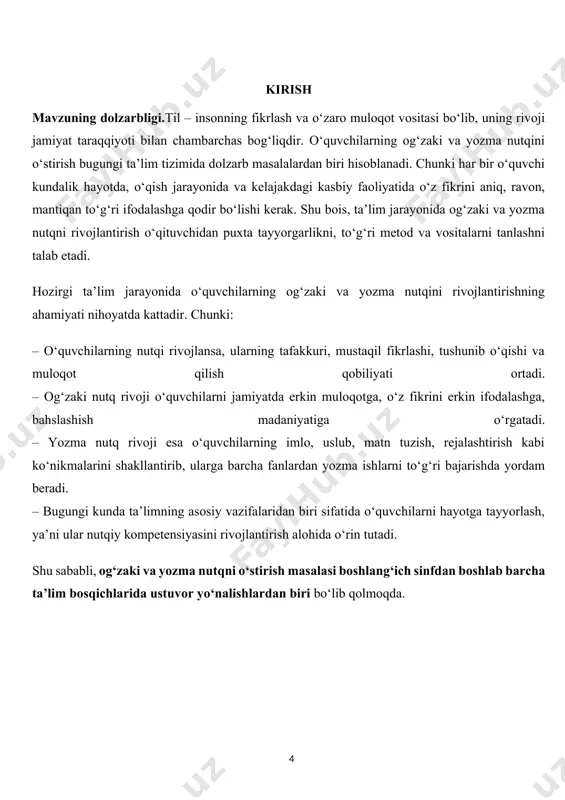 i nutq ko‘nikmalarini oshiradi. dialogik nutqni rivojlantirish juftlikda yoki kichik guruhlarda dialog tuzish, savol-javob shaklidagi suhbatlar o‘tkazish o‘quvchilarning muloqot qobiliyatini oshiradi. masalan, “do‘konda”, “kutubxonada”, “maktabda” mavzularida rolli o‘yinlar tashkil etish mumkin. rolli o‘yinlar rolli o‘yinlar orqali o‘quvchilar biror obrazga kirib, tabiiy holatda gapirishga o‘rganadilar. bu ularda mustaqillik, ishonch, nutq madaniyatini shakllantiradi. masalan, “sotuvchi va xaridor”, “doktor va bemor” rollari. lug‘at boyligini oshirish og‘zaki nutqning asosiy poydevori – so‘z boyligi. har bir yangi mavzu asosida yangi so‘zlar, atamalar o‘rgatiladi va ular bilan gap tuzish mashqlari bajariladi. masalan, dars boshida “so‘z boyligi” burchagi orqali yangi so‘zlar muntazam takrorlanadi. muloqotli o‘yinlar “aytilgan so‘zni davom ettir”, “tez aytish”, “kim ko‘proq gapiradi?” kabi o‘yinlar o‘quvchilarning og‘zaki nutqini qiziqarli tarzda rivojlantiradi. matnni tahlil qilish va qayta hikoya qilish o‘quvchilarga kichik matnlar o‘qitilib, ularning mazmunini og‘zaki shaklda so‘zlatish, voqealarni ketma-ketlikda ifodalash ko‘nikmasini mustahkamlaydi. interaktiv metodlardan foydalanish klaster, insert, “aqliy hujum” metodlari og‘zaki nutqni rivojlantirishda yuqori samara beradi, …