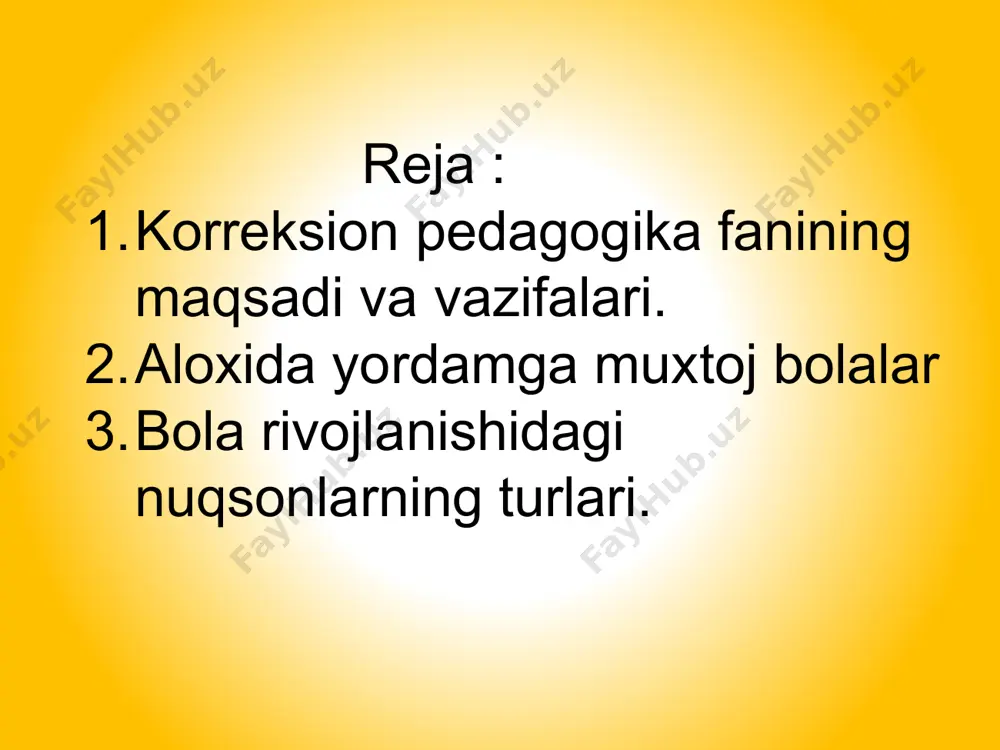 inklyuziv yoki differensial ta’limni tashkil etish, ularning ta’lim-tarbiyasi bilan shug‘ullanishdir. korreksion pedagogika fanining maqsadi — anomal bolalarga integratsiyalashgan-inkiyuziv xamda differensial ta’limni tashkil etish uchun zarur shart-sharoitlarni urganish, ulardagi psixofiziologik kamchiliklarni iloji boricha bartaraf etish, tuzatish yoki bilinmaydigan holga keltirish usullarini belgilash va amaliyotda tatbiq etish yullarini tarbiyachi hamda o‘qituvchilarga ko‘rsatib berishdan iborat. defektologiya fanining rivojlanishi natijasida undan quyidagi tarmoqlar mustaqil fan sifatida ajralib chiqdi: surdopedagogika (lotincha surdus — kar, gung so‘zidan olingan) — eshitishida nuqsoni bo‘lgan bolalarning ta’lim tarbiyasi bilan shug‘ullanadigan fan; tiflopedagogika (yunoncha tiflos — ko‘r, so‘qir so‘zidan olingan) —ko‘zi ojiz bolalarning ta’lim-tarbiyasi bilan shug‘ullanadigan fan; oligofrenopedagogika (yunoncha oligos — kam, fren — aql), so‘zlaridan olingan, — aqliy tomondan zaif bolalarning ta’lim-tarbiyasi bilan shug‘ullanadigan fan; logopediya (yunoncha logos — so‘z, padeo — tarbiya so‘zlaridan olingan) — og‘ir nutq nuqsonlarini o‘rganish, oldini olish, bartaraf etish yo‘llari, usullarini o’rganadigan fan. mualliflar nuqsonlarning turlari m.a.vlasova, m.s.pevzner 1. sensor xislati yetishmaydigan bolalar (eshitish, …