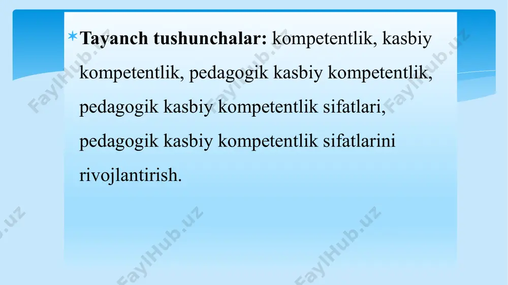 biy kompetentlik sifatlari. kasbiy kompetentlik negizida quyidagi sifatlar aks etadi kasbiy (shu jumladan, pedagogik) kompetentlikka ega bo‘lishda o‘z ustida ishlash va o‘z- o‘zini rivojlantirish muhim ahamiyatga ega. o‘z-o‘zini rivojlantirish vazifalari o‘zini o‘zi tahlil qilish va o‘zini o‘zi baholash orqali aniqlanadi iii. pedagogning kasbiy kompetentligini rivojlantirish. mutaxassisning o‘z ustida ishlashi quyidagilarda ko‘rinadi: pedagogning o‘z ustida ishlashi bir necha bosqichda kechadi. 1. “kompetentlik” tushunchasi qanday ma’noni anglatadi? 2. kasbiy kompetentlik nima va u qanday holatlarda namoyon bo‘ladi? 3. kasbiy kompetentlik negizida qanday sifatlar aks etadi? 4. ijtimoiy va maxsus kompetentlik deganda nimani tushunasiz? 5. psixologik va metodik kompetentlikning mohiyati nimadan iborat? 6. “informatsion kompetentlik” deganda nimani tushunasiz? 7. kreativ va pedagogik kompetentlik nima? nazorat uchun savollar: 8. innovatsion kompetentlikning o‘ziga xos jihatlari nimalarda ko‘rinadi? 9. pedagogik faoliyatda kommunikativ kompetentlik qanday ahamiyat kasb etadi? 10. “shaxsiy kompetentlik” tushunchasi siz uchun qanday ma’noni anglatadi? 11. a.k.markova pedagogik kompetentlikning tarkibiy asoslarini qanday ifodalagan? 12. b.nazarovaning …