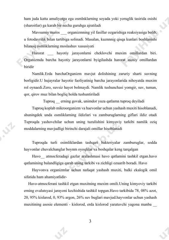 ammo atmosferaning sanoat chiqindilari, transport vositalaridan chiqqan zaxarli gazlar bilan ifloslanishi havoda uglerod dioksidi, sero vodorod, oltingugurt oksidi, azod oksidi, uglerod oksidi, miqdorini kopaeishiga olib keladi. bu esa atrof muxit holatigagina emas, balki kishlar salomatligiga ham salbiy tasir korsatadi relef- bu tashqi korinishi, kattaligi, yuzaga kelishi, yoshi va ruvojlanish tarixi boecha har xil er sirtini shakillantirish majbuidir. relef iqlimnning shakillanishiga tasir qiladi, daryolar oqimi yonalish va xarakteri unga bogliq. osmlik va haybonot olami tarqalishi hususiyatlari u bilan chambarchas boglangan biotik omillar ekalogik ozaro tasirlar odatda, nihoyatda murakkab xarakterga ega bolib koplab omillarga bogliq va turli sharoitlarga har xil kechadi i shartdir. har ikki organism uchun foydali hisoblabgan bundae ozaro munosabatlar simbiotik munosabatlar deb nomlanadi. masalan changlanuvchi osmliklar hosil qilishga bogliq, meva va uruglar tarqatuvchi hasharotlarning ozaro aloqasi bunga misol bola oladi bir tur boshqasiga zarar ham, foeda ham ozi ham foeda ustunlikka ega bolsa, bundae ozaro munosabatlbaar shakli kommensalizim (+ …