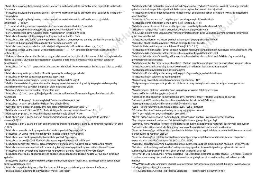 yiha ? ilmiy qidiruv bosqichida qanday ishlar bajariladi+loyihalash oldi tatqiqot va tehnik vazifalar ?saprkompleksi-+ turli tizim bo’limlaridan iborat ?кeltirilgan tizimni qaysi biri muhandislik boshqaruviga mo’ljallangan+ kompas-menеdjeri ? dasturiy taminot bu-+ avtomatlashtirish loyihaga mo’lljallangan kompyuter dasturlar to’plami ? ma’lumotlar bazasi nima?+ma’lum strukturada yozilgan ma’lumotlar saqlovchi fayl ? ma’lumotlar bazasi qanday modellardan tashkil topgan?+ierarxik, relyatsion, tarmoqli ? ma’lumotlar bazasini boshqarish tizimida relyatsion model ma’lumotlarni qanday ko’rinishda saqlaydi? +jadval ko’rinishida ? ma’lumotlar bazasini boshqarish tizimida tarmoqli model ma’lumotlarni qanday ko’rinishda saqlaydi? +bir elementni boshqa element bilan bog’langan xolda ? ms access dasturi qanday ob’ektlardan tashkil topgan?+таблица, запрос, отчёт, форма ? maydon deb nimaga aytiladi?+ maydon – ma’lumotlarni tashkil etishning oddiy birligi bo’lib, ma’lumotning aloxida, bo’linmas birligidir ? maydonning turlari qanday bo’lishi mumkin? +korotkiy tekst, dlinniy tekst, chislovoy, data vremya, denejniy, schyotchik, logicheskiy ? ms accessdagi fayl qanday kengaytmaga ega?+.accdb ? ms accessda jadvallarni qanday bo’glanish turlari berilgan… +biriga bir, biriga ko’p ? jadval …