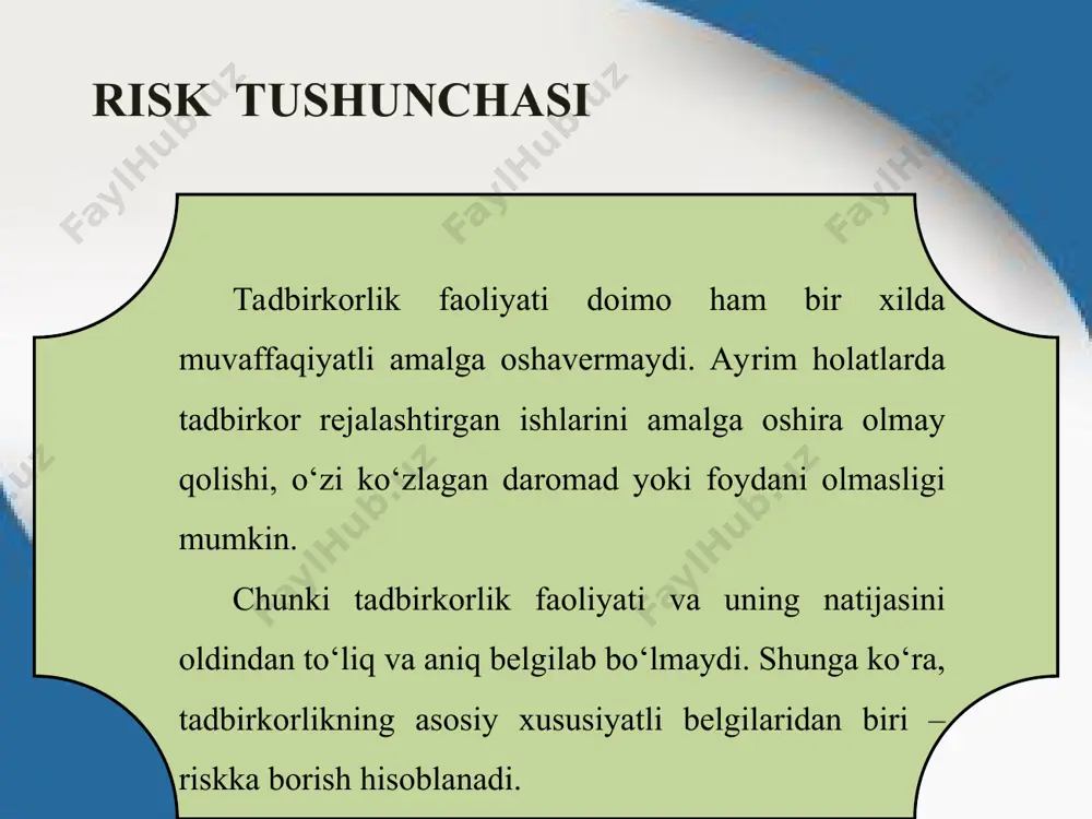 tavsifidan kelib chiqqan holda yuzaga keluvchi zararlar moliyaviy riskni vujudga keltiradi. moliyaviy risk moliya-kredit, fond birjasi sohalarida, qimmatli qog‘ozlar operatsiyasini amalga oshirishda yo‘l qo‘yilishi mumkin bo‘lgan yo‘qotishlarni ifodalaydi. moliyaviy risklarga, shuningdek, kredit riski, foiz riski, valuta riski, moliyaviy natijani boy berish riski kabilarni kiritish mumkin. investitsion risk korxonaning investitsion faoliyati jarayonida ko‘zda tutilmagan moliyaviy yo‘qotishlarning paydo bo‘lishini anglatadi. ya’ni, korxona qimmatli qog‘ozlarining sotilmay qolishi yoki ular keltiradigan daromadning pasayib ketishi, investitsiya loyihalarining amalga oshmasligi shular jumlasidandir. tadbirkorlik faoliyatida riskni baholash tadbirkorlik faoliyatida riskning salbiy ta’sirini kamaytirish maqsadida u baholab boriladi. tadbirkorlik riskini baholashning bir qator usullari mavjud. jumladan: statistik, analitik, analogiya va ekspert baholash usuli. ehtimoliy riskni hisoblash risk yoki tavakkalchilikni o‘lchashning asosi ehtimol tushunchasi bilan bog‘liq. amerikalik olim f. nayt (1885 – 1972) ehtimolni ikki turga bo‘ladi: matematik, ya’ni oldindan aniqlash mumkin bo‘lgan ehtimol va statistik ehtimol. birinchi turdagi ehtimolni obyektiv ehtimol desak, u iqtisodiyotda kamroq uchraydi, ikkinchi turdagi …