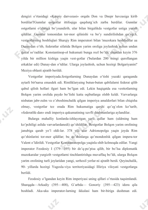 n oldi. rimda va uning atrofida yashagan 40 mingga yaqin "qul alarix tomoniga o’tdi. bulardan tashqari, alarixni ko’p-chiligi varvar-germanlardan iborat g`arbzsh imperator armiyasi-ning ko’pchilik qismi qo’llab-:quvvatladi.]vestgotlar rimni 410 yilning 24 avgustida bosib oldilar. rimliklarning poytaxti bir necha kungacha talon-taroj qilindi. rimdagi quldor zoda* gonlarning ko’plari o’ldirildi, asir olindi va qul qilib so-tildi, rimliklarning bir qismi qo’rquvga tushib, shimoliy afrikaga va bolhon yarim oroliga qarab qochdilard alarix so’ngra sitsiliyaga, u yerdan esa shimoliy afrikaga yurish qilmoqchi edi. buniig sababi italiyada oziq-ovqat yo’q-ligi edi, italiyada qishloq xo’jaligi butunlay tushkunlikka uchragan edi, mahalliy aholining o’z gallasi o’ziga yetmas edi. lekin vestgotlarning afrikaga gorish qilish mo’ljali amalga oshmadi. bu yurish uchun flot tayyorlanayotgan o’sha 410 yili ala-rix o’ldi. vestgotlarning тuluza korolligi.sdtaliyada bir oz vaqt turgandan keyin, vestgotlar gonoriy hukumati bilan keli-shib, janubiy galliyaga o’tdilar va u yerda 419 yili rim impe-riyasi territoriyasida dastlabki varvarlar korolligini tuzdilar, uning poytaxti тuluza shaxri bo’ldi. тuluza korolligi rim …