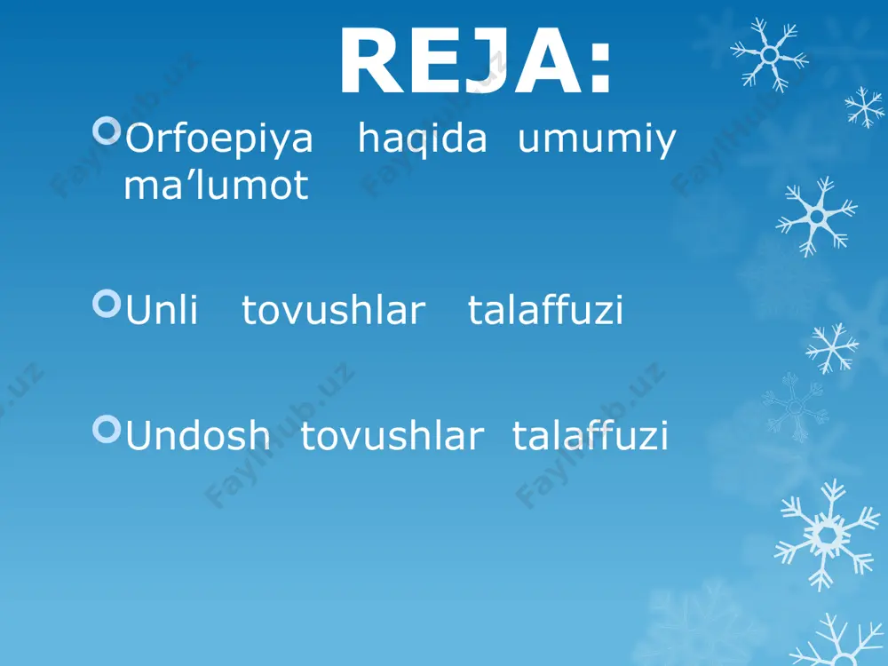 bi aytiladi. q, k bilan tugaydigan otning egalik qo’shimchasi bilan turlangan shakli quyidagicha talaffuz etiladi: a) ko’p bo’g’inli so’zda qishloq > qishlog’imiz, qishlog’ingiz, qishlog’i; telpak>telpagim, telpaging, telpagi kabi. bir bo’g’inli so’zlarda bunday o’zgarish bo’lmaydi: o’q > o’qi, tok>toki ( yoq, yo’q so’zlari bundan mustasno). rus tilidan o’zlashgan so’zda lab-tish v undoshi jarangsiz f tarzida talaffuz qilinadi: avtomat, aktiv, passiv kabi so’zlarda. ammo o’zbek tilining o’z so’zlarida lab-lab v undoshi so’z oxirida ham, jarangsiz undosh ta’sirida ham f ga o’tmaydi: ov, birov, ovqat, shavkat. e’tiboringiz uchun rahmat! image1.gif image2.png image3.png image4.gif image5.jpeg image6.jpeg image7.gif image8.jpeg image9.gif image10.jpeg image11.gif /docprops/thumbnail.jpeg