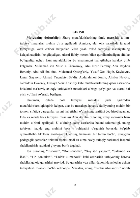 ibasizlik, no’noqlik qilsa, u oila a’zolarini yaxshi tarbiyalay olmaydi va oqibatda undan yomon natijalar kelib chig’ishi mumkin”. bola tarbiyasi yaxshi yo’lga qo’yilsa, oila baxtli bo’ladi. oilaning eng muhim vazifasi bola tarbiyasi hisoblanadi. ota-ona kim bo’lishidan qat’iy nazar bu vazifani mas’uliyat bilan ado etishi lozim. ibn sino bola tarbiyasida otaning burchi haqida to’xtalib o’tadi. eng avvalo, ota farzandi tug’ilgach unga yaxshi ism qo’yishi va tarbiyalashga kirishmog’i lozim. ayniqsa, bola tarbiyasida ota-onaning yaxshi fazilati, ular o’rtasidagi o’zaro munosabatlar esa yuksak axloqiylik asosida bo’lishini ta’kidlaydi. “tadbir ul-manozil” asarida yer va xotinning yaxshi sifatlari sanab o’tiladi. ularning shaxsiy namunalari bola uchun o’rnak bo’lib, uning kelajak taqdirini belgilashda muhim ahamiyatga ega ekanligini alohida uqtiriladi. ibn sinoning yaxshilik va yomonlik tushunchalariga bo’lgan munosabati farobiy va beruniylar fikriga hamohang bo’lib, u ham irsiyat, muhit va tarbiyaning ta’siri bola tarbiyasi uchun birdek muhim deb hisoblaydi. u yaxshi va yomon xulqning hammasi sharoit, tarbiya, muhit odatlani natijasida vujudga kelishini …