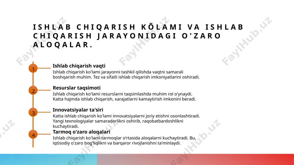 global bozorga integratsiyasi, eksport salohiyatini oshirish va xorijiy investitsiyalarni jalb etish orqali mamlakatning iqtisodiy barqarorligini mustahkamlaydi. xulosa ishlab chiqarish kõlami ahamiyati ishlab chiqarish kõlami, iqtisodiy o'sishni ta'minlashda muhim rol o'ynaydi va mamlakatning rivojlanish strategiyasida asosiy element hisoblanadi. samaradorlikni oshirish usullari o'zbekiston sanoatida samaradorlikni oshirish uchun innovatsion yechimlar va strategiyalarni joriy etish zarur. ular raqobatbardoshlikni kuchaytiradi. global raqobatbardoshlik o'zbekiston ishlab chiqarish sohasining global bozor raqobatbardoshligini oshirish uchun resurslardan samarali foydalanish va innovatsiyalarni rivojlantirish muhimdir. foydalanilgan adabiyotlar 1. abdullayev a. ishlab chiqarish kõlami va uning iqtisodiy ahamiyati. o'zbekiston iqtisodiyotiga oid tadqiqotlar, 2022 2. rasulov s. ishlab chiqarish samaradorligi: nazariy va amaliy jihatlari. iqtisodiy tahlil, 2023 3. karimova n. o'zbekistonda ishlab chiqarish va sanoat rivojlanishi. sanoat va iqtisodiyot, 2021 4. yusupov m. ishlab chiqarish volumi va uning raqobatbardoshligi. o'zbekiston sanoat jurnali, 2023 5. toshbekov d. ishlab chiqarishning samaradorligini oshirish usullari. iqtisodiyot va innovatsiyalar, 2022 e'tiboringiz uchun rahmat! /docprops/thumbnail.jpeg