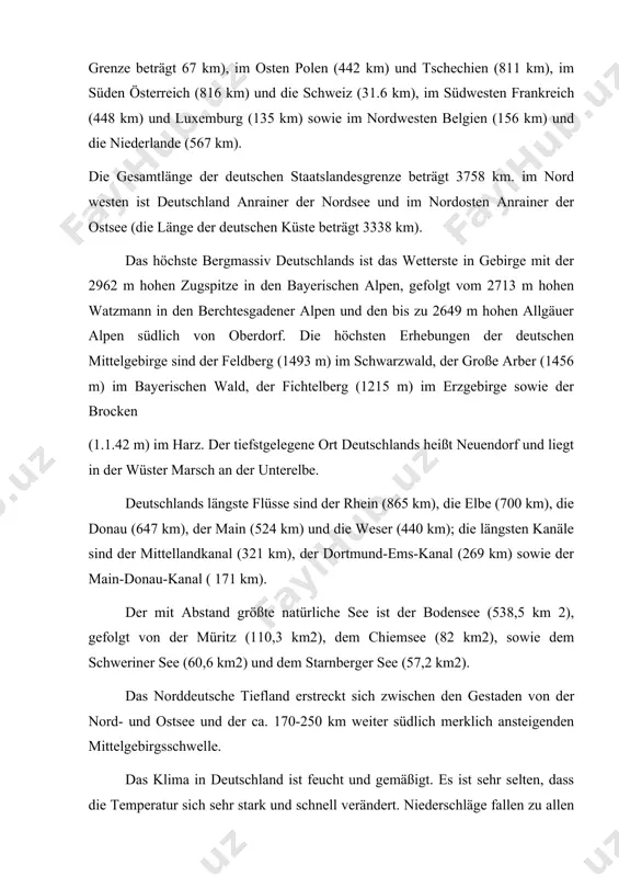 e züge auf. hier kann es im winter über längere perioden sehr kalt und im sommer recht wann werden. außerdem werden hier des öfteren länger anhaltende trockenperioden registriert. der deutsche charakterbaum ist die eiche, die praktisch überall vorkommt. im größten teil deutschlands findet man sommergrüne eichen-buehen-mischwälder als natürliche vegetation, insbesondere in den mittelgebirgen. in den klimatisch ungünstigeren hochlagen der mittelgebirge, so auch im schwarzwald, im bayerischen wald, im erzgebirge und im harz, treten tannen- und fichtenwälder hervor, die jedoch in den nordwestlich exponierten hang- und kammlagen* seit einiger zeit durch schadstoffemissionen stark geschädigt werden. die starke inanspruchnahme der landschaft durch den menschen hat den lebensraum der heimischen tierwelt in erheblichem maße eingeschränkt. rehe, hirsche, wildschweine, füchse, dachse, mar­ der, wieset, hasen und kaninchen sind als einzige noch in größerer zahl vorkommende säugetiere zu nennen. luchse, wölfe und andere raubtiere sind längst ausgestorben oder allenfalls in wenigen nationalparks (z. b. im …