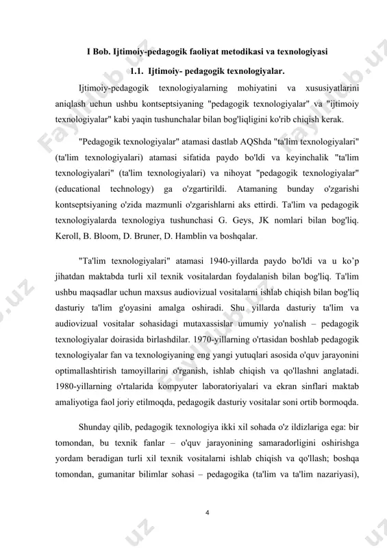 ndividual tuzatish bo'lishi kerakligini ta'kidladi, bu shaxsni eng kerakli shaklga yo'naltiradigan shaxsning fazilatlaridan keyin. ta'lim maqsadlarining noaniqligi, a. s. makarenkoning ta'kidlashicha, pedagogik jarayonning samarasizligiga olib keladi. u o'z asarlarida "ta'lim jarayoni – maxsus tarzda tashkil etilgan pedagogik ishlab chiqarish", "pedagogik texnika: intizom texnikasi, o'qituvchi va o'quvchining suhbat texnikasi, boshqaruv texnikasi"kabi g'oyalarni ilgari surdi. a. s. makarenko fikrlaricha, pedagogik ishlab chiqarish hech qachon texnologik mantiq asosida qurilmaganligini, ammo har doim axloqiy va'zning mantig'iga ko'ra yozgan. shuning uchun muhim bo'limlar mavjud emas: texnologik jarayon, operatsiyalarni hisobga olish, dizayn ishi, normalizatsiya, nazorat, toleranslar va nikohlar. o'sha yillarda mamlakatimizda pedagogik texnologiyalarni rivojlantirishga urinishlar etarli darajada rivojlanmagan. mamlakatimizda ta'lim va tarbiya sohasida pedagogik texnologiyaga e'tibor 1960-lardan beri kuchaymoqda. tufayli ta'lim va tarbiya barqaror natija beradi mualliflik maktablari, individual usullari, intensiv kurslar haqida xabarlar borayotgan oqimi uchun. pedagogik texnologiyalarning mohiyati haqidagi munozaralar 1980-larning o'rtalarida yakunlandi. hozirgi vaqtda pedagogik amaliyot va pedagogik matbuotda sh. a. amonashvili (gumanistik …