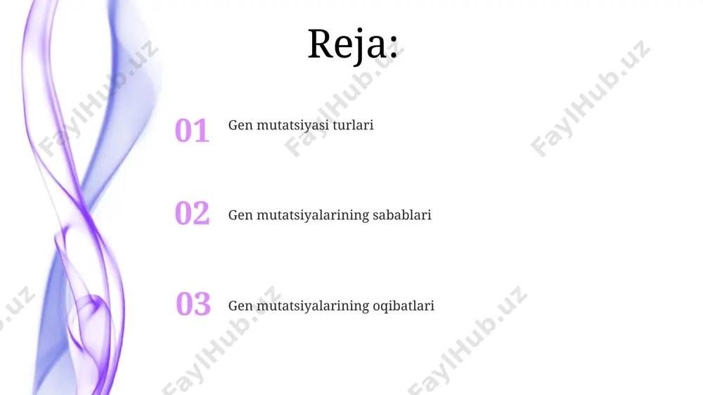 rajada buzilishiga olib kelishi mumkin. rnkdagi nonsens mutatsiyasi prematur stop kodon hosil qilib, qisqartirilgan va funksiyasi buzilgan protein sinteziga olib kelishi mumkin, bu esa turli kasalliklarga sabab bo'lishi mumkin. dnkdagi o'zgarishlar inson genomida taxminan 3 milliard bazalar jufti mavjud bo'lib, ularning har birida sodir bo'lishi mumkin bo'lgan mutatsiyalar soni astronomik darajada yuqori, natijada turli xil fenotiplar paydo bo'ladi. dnkdagi nuqta mutatsiyalari, masalan, bitta nukleotidning o'zgarishi, oqsildagi aminokislotalar ketma-ketligini o'zgartirib, uning funksiyasini 100% ga yaqin darajada buzishi mumkin. nuqta mutatsiyasi миссенс мутатсияси нуқта мутатсиясининг бир тури бўлиб, унда кодоннинг ўзгариши натижасида оқсилдаги бир аминокислота бошқасига алмашади. бу 1000 дан ортиқ генларда кузатилиши мумкин. нуқта мутатсияси бир нуклеотиднинг ўзгаришини, масалан, аденинден гуаниндга ўзгаришни англатади ва бу ўзгариш оқсилнинг аминокислота таркибига таъсир этиши мумкин. inversiya mutatsiyasi inverziya mutatsiyasi dnkning 180° ga burilishini o'z ichiga oladi, bu esa genlarning tartibini teskari o'zgartiradi va oqsil sinteziga ta'sir qiladi. katta inverziyalar, masalan, 100000 dan ortiq nukleotid …
