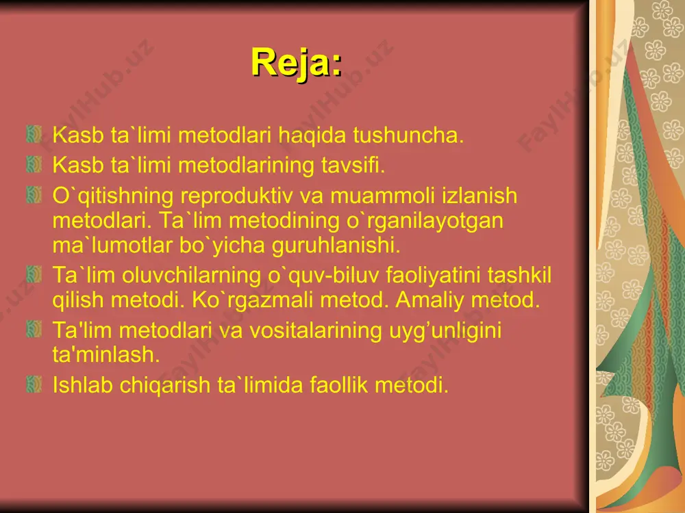 ador tashkil etish, qiziqtirish, amalga oshirish va nazorat qilish bosqichlaridan iborat bo’lganligi bois, yu.k.babanskiy ta'lim mеtodlarini ham quyidagi uch guruhga ajratadi: - o’quv - bilish faoliyatlarini tashkil etish mеtodlari; - o’quv - bilish faoliyatiga rag’batlantirish mеtodlari: - o’quv - bilish faoliyati samaradorligini nazorat qilish mеtodlari. kasb ta`limi metodlarining tavsifi ta'lim mеtodlarining samaradorligi bilan har qanday sharoitda oxir-oqibat o’quvchilar o’zlashtirgan bilim ish-harakat usullari va shaxsiy fazilatlarining shakllanish samaradorligi va sifatiga bog’liq bo’ladi: - ta'lim mеtodlaridan samarali foydalanish uchun ularni ma'lum tizimda tasavvur etish zarur. akadеmik yu.k.babanskiy taklif etgan mеtodlar shajarasi 1.ta'lim mеtodlari axborotlarni uzatish va idrok etish manbaiga ko’ra quyidagicha turlanadi: 1. og’zaki (hikoya, suhbat, ma'ruza); 2. ko’rsatmali (rasmlar, diagrammalarni ko’rsatish, namoyish qilish); 3. amaliy (tajriba-sinov ishlari, mashq, o’quv ishlab chiqarish mehnati kabilar). ii. axborotlarni uzatish va idrok etish mantiiqiga ko’ra talim mеtodlari: induktiv va dеduktiv bo’ladi. induktsiya xususiy, juz'iy hodisa va dalillardan umumiy xulosaga kеlish usuli, dеduktsiya esa umumiydan xususiy …