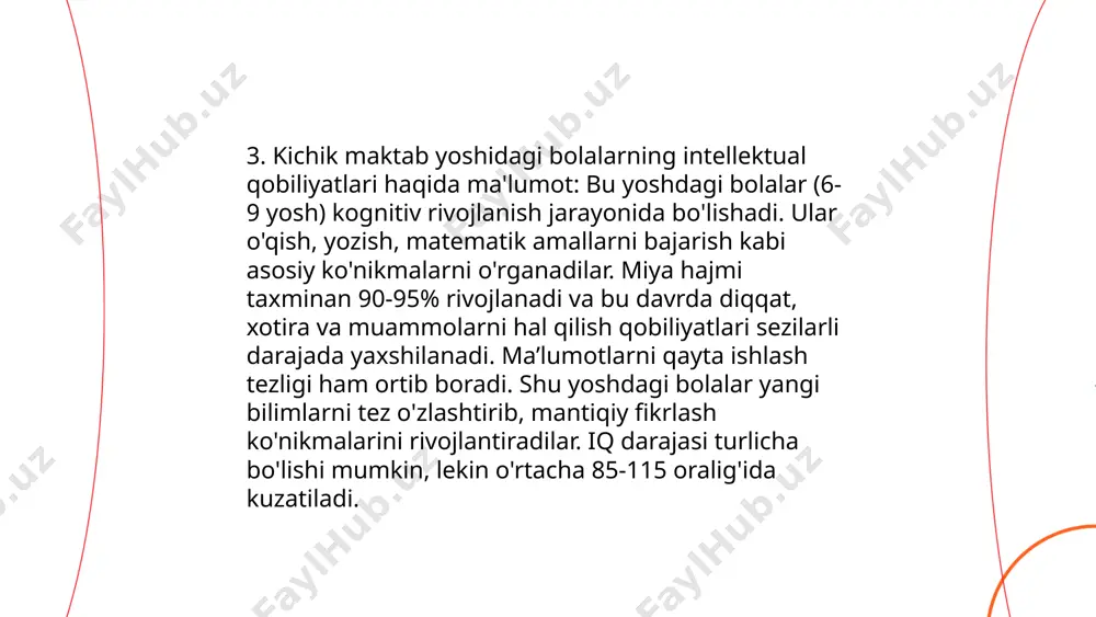 rishga yordam berishlari mumkin. ... t.me/slaydai_bot 11. kichik maktab yoshidagi bolalarda shaxsiyatning shakllanishi davomida bolaning kognitiv, emotsional va ijtimoiy rivojlanishi muhim ahamiyatga ega. bu yoshda, taxminan 6-10 yosh oralig‘ida, bolalar o‘z-o‘zini idrok etishni o‘rganadi va atrof-muhit bilan o‘zaro ta’sir orqali shaxsiy fazilatlar shakllanadi. akademik faoliyat va o‘yinlar orqali mustaqillik, mas’uliyat, va hamkorlik kabi sifatlar rivojlanadi. tadqiqotlar ko‘rsatadi-ki, bolalarning shaxsiyatning rivojlanishi ularning oilaviy muhit, ta’lim tizimi va ijtimoiy muloqotlarga bog‘liq. ushbu davrda ota-onalar va o‘qituvchilarning qanday munosabatda bo‘lishi bolalarning o‘ziga bo‘lgan ishonchi va boshqalar bilan muloqot strategiyalariga ta’sir qiladi. ... t.me/slaydai_bot kichik maktab yoshidagi bolalarda ijodkorlikni rivojlantirish muhim, chunki bu yoshda bolalar aqliy va hissiy rivojlanishda jadal o'sish davrini boshdan kechiradilar. ilmiy tadqiqotlar shuni ko'rsatadiki, ijodkorlikni qo'llab-quvvatlaydigan muhitda o'sgan bolalar muammolarni hal qilishda 35% samaraliroq bo'ladi. shu bilan birga, ijodiy faoliyat bilan shug'ullangan bolalar orasida ijtimoiy harakatlanish va muloqot qilish qobiliyati 25% yuqori bo'ladi. shart-sharoit yaratish, ijodkor o'yinlar va san'at yo'naltirilgan …
