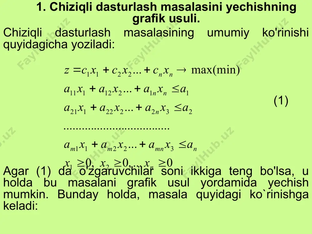 maksimal qiymatga uchburchakning chegaraviy nuqtalarida erishganligi sababli, optimal yechimni topish uchun nuqtalarning koordinatalarini topib, funktsiyasiga qo’yamiz va ularning ichidan funktsiyaga eng katta qiymat beruvchi nuqtani tanlab olamiz. nuqta va to’g’ri chiziqlarning kesishish nuqtasi bo’lganligi uchun ushbu tenglamalarni birgalikda yechamiz. . sistemani yechib, o'zgaruvchilarning qiymatlarini aniqlaymiz. nuqta koordinatalari quyidagi qiymatlarni oladi: ushbu nuqtalarning koordinatalarini z funktsiyasiga qo`yamiz va quyidagilarga ega bo`lamiz: olingan qiymatlar orasidan masalaing optimal yechimini topamiz: . chdmni excel elektron jadvali yordamida yechishmumkin. bu holda tengsizliklarning koeffitsientlari va ozod sonlari ikkinchi va uchinchi satrlarga, funktsiya koeffitsientlari to'rtinchi satrga kiritiladi. o'zgaruvchilarning dastlabki qiymatlari sifatida 0 ni olamiz va uni beshinchi satrga kiritamiz. natijada jadval quyidagi ko'rinishga keladi: kursorni c2 katakchaga joylashtiriamiz va fx funktsiya ustasi tugmachasini bosamiz. natijada quyidagi muloqot oynasi ochiladi: bu yerda «категория» darchasida «математическое» bo`limi tanlanadi, «выберите функцию» darchasida «суммпроизв» funktsiyasi tanlanadi. ок tugmasini bosamiz. natijada quyidagi muloqot oynasi ochiladi: bu yerda «массив 1» maydoniga a2:b2 kataklar …