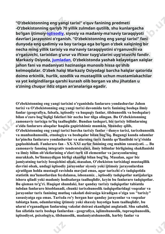 taqil respublika uchun vaqtincha konstitutsiya rolini o‘ynaydigan bo‘ldi. ushbu qonunda o‘zbekiston mustaqil demokratik davlat deb e’lon qilindi, ma’muriy-hududiy tuzilishi, hokimiyat va boshqaruv idoralari tizimini mustaqil belgilash qonunlashtirildi. respublikaning davlat bo‘linishi hamda iqtisodiy asoslari ham qonunda o‘z aksini topdi. shuningdek, ushbu hujjatda o‘zbekistonning qoraqolpog‘iston bilan munosabatlari xususida so‘z borib, o‘zbekiston qoraqolpog‘istonning hududiy yaxlitligini tan olishi haqida fikr yuritiladi, u o‘zbekiston tarkibida ekanligi e’tirof etiladi. bunday qonunning qabul qilinishi o‘sha davrda erishilgan yutuqlarning yuqori cho‘qqisi bo‘ldi. shunday qilib, o‘zbek xalqi asrlar davomida orzu qilgan mustaqillikka tinch yo‘l bilan, yurtboshimiz i.a. karimov boshchiligida respublika rahbariyatining oqilona yo‘l tutishi orqali erishildi. 2. eng yangi tarix davrining predmeti haqida fikringiz? “o’zbekistonning eng yangi tarixi” o’quv fanining predmeti -o’zbekistonning qariyb 70 yillik zulmdan qutilib, shu kunlargacha bo’lgan ijtimoiy-iqtisodiy, siyosiy va madaniy-ma’naviy taraqqiyoti davrlari jarayonini o’rganish. “o’zbekistonning eng yangi tarixi” fani dunyoda eng qadimiy va boy tarixga ega bo’lgan o’zbek xalqining bir necha ming yillik tarixiy va …
