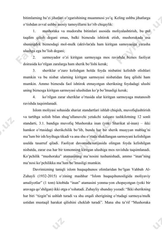 liyasida juda koʼp qoʼllaniladi, chunki bunda tomonlarning umumiy sarmoyadagi ulushi katta kichikligining ahamiyati yoʼq (baribir tomonlarning har biri oʼz ulushi doirasidan oʼtib sherigi ulushini tasarruf qilishi imkoniyati cheklangan). islomdagi har qanday shartnoma/bitimda boʼlgani kabi “mushoraka inan” ham hamkorlar oʼrtasida ixtiyoriy taklif va qabul va tegishli shartnoma imzolash orqali kuchga kiradi. bunday sherikchilikda muhim eʼtibor qaratilishi kerak boʼlgan yana bir muhim masala, bu oʼrtadagi sarmoya/mulkning hamkorlar tarafidan shakllantirilishidir. bunda bir taraf mablagʼ yoki mulk kiritib ikkinchi taraf bu masalani keyinroqqa surishi toʼgʼri boʼlmaydi, shuning uchun ikkinchi taraf ham mablagʼ / mulk kiritish imkoniyati paydo boʼlguncha sherikchilik faoliyati boshlanmay turishi lozim boʼladi. tomonlarning ulushi pul mablagʼlari koʼrinishida ham, muayyan mulk koʼrinishida ham boʼlishi mumkin (bir guruh huquqshunoslar pul koʼrinishida boʼlgani durust deyishadi). аgar qaysidir tomon oʼz ulushini mulk koʼrinishida kiritsa, u holda sherikchilik shartnomasi kuchga kiradigan kun ushbu mulkning bozor narxi chiqarilishi/aniqlanishi va qayd qilinishi kerak boʼladi. buning sabablari quyidagicha: 1. agar …