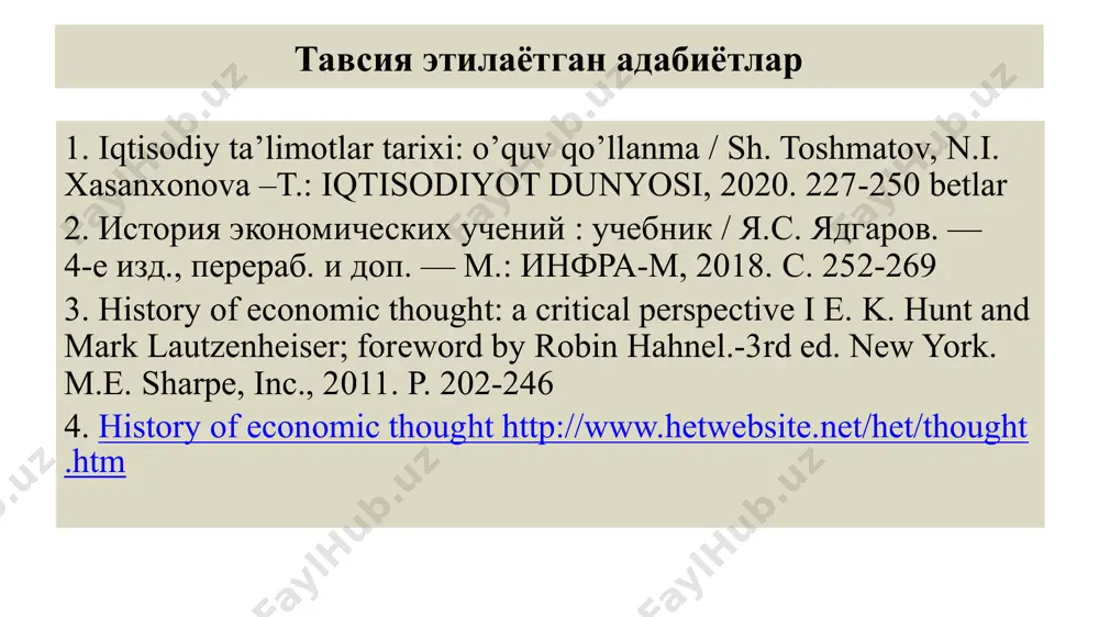 ш шароитлари ишчилар ҳаракати ишчилар синфининг аҳволи тўғрисидаги баҳс-мунозаралар 5 саноат инқилоби рақамларда, % йиллар ишлаб чиқариш жон бошига аҳоли реал иш ҳақи истеъмол 1700-1760 0,69 0,31 0,38 ... ... 1760-1780 0,70 0,01 0,69 - 0,17 0,25 1780-1801 1,32 0,35 0,97 0,56 (1820 йилгача) 0,47 (1820 йилгача) 1801-1831 1,97 0,52 1,45 6 болалар бандлиги бўйича қўмита ҳисоботи (1842 йил) кўмир конларида 8-9 ёшли болалар меҳнат қилган (баъзан 4-5 ёш) уларнинг иш куни 12-16 соатга қадар давом этган болалар (ҳатто 6 ёшли қизалоқлар) 25 кг оғирликка эга саватларда кўмир ташишган https://www.ilo.org/wcmsp5/groups/public/---europe/---ro-geneva/---sro-moscow/documents/genericdocument/wcms_347021.pdf 7 к.маркс таълимотининг асосий тушунчалари капитал қўшимча қиймат иш ҳақи ишлаб чиқаришдан мақсад қўшимча қиймат (фойда) яратадиган қиймат ёлланма ишчилар томонидан яратиладиган ва капитал эгалари томонидан ўзлаштириладиган қиймат ёлланма ишчилар томонидан пул шаклида кун кўриш учун зарур воситалар қиймати қўшимча қиймат яратиш капиталнинг умумий формуласи: п-т-п1 – пул фойда келтирса товарга айланади. капитал эгаси икки турдаги товарларни сотиб олади: ишлаб …