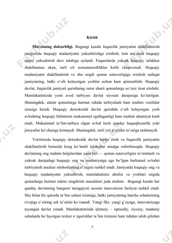 lg`aysa, davlatimizning ertangi istiqbolli kelajagi yorqin bo`lishiga shak shubha yo`q. kurs ishining maqsadi. bugun yangi o'zbekiston hayotining barcha sohalari chuqur islohotlar maydoniga aylangan. bu jarayonda ijtimoiy sohaning asosi hisoblangan ta'lim tizimidagi o'zgarishlar haqida to'lqinlanib so'zlamaslikning iloji yo'q. mamlakatimizda so'nggi yillarda ta'lim tizimining barcha bosqichlarini zamonaviy talablar asosida tashkil etish bo'yicha amaliy ishlar hal qiluvchi bosqichga kirdi. prezidentimiz ta'kidlaganidek: “farzandlarimiz maktabdan qanchalik bilimli bo'lib chiqsa, yuqori texnologiyalarga asoslangan iqtisodiyot tarmoqlari shuncha tez rivojlanadi, ko'plab ijtimoiy muammolarni echish imkoni tug'iladi. shunday ekan, yangi o'zbekiston ostonasi maktabdan boshlanadi desam, o'ylaymanki, butun xalqimiz bu fikrni qo'llab-quvvatlaydi”.[3] kurs ishining vazifalari. mamlakatimizning shiddat bilan rivojlanayotgan, har soat va daqiqada o'zgarishlarga boy xalqaro maydonda raqobatbardoshligi, ta'lim, tibbiyot, iqtisodiyot va boshqa sohalarda dunyo raqobat bozoriga tengma-teng kirib borayotganligi barchamizga ma'lum. jamiyatni demokratlashtirish, yoshlarning siyosiy erkinligini ta'minlashning muhim shartlaridan biri - ommaviy axborot vositalaridir. respublikamizda gazetalar, jurnallar, axborotnomalar, byulletenlar, axborot agentliklari, televideniye (kabelli, efirkabelli televideniye) va radioeshittirishlar, hujjatli kino, …