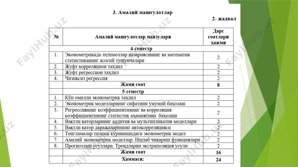 ни эътиборга олади ҳамда уларни тасвирлаш учун эҳтимоллар назарияси ва математик статистиканинг воситаларидан фойдаланади. статик моделларда барча боғланишлар вақтнинг тайинли пайти ёки даврига тегишлидир. динамик моделлар иқтисодий жараёнларнинг вақт бўйича ўзгаришини тавсифлайди. қаралаётган вақт даврининг узунлигига қараб башоратлаш ва режалаштиришнинг қисқа муддатли (бир йилгача), ўрта муддатли (5 йилгача), узоқ муддатли (10-15 ва ундан кўпроқ йилгача) моделлари фарқланади. иқтисодиёт моделлари фазовий омиллар ва шартларни ўз ичига олишига қараб фазовий ва нуқтавий моделлар фарқланади. шундай қилиб, иқтисодиётда моделларнинг умумий таснифи ўндан ортиқ асосий белгиларни ўз ичига олади. иқтисодий-математик тадқиқотларнинг ривожланиши билан қўлланилаётган моделларни таснифлаш муаммоси мураккаблашиб бораверади. 1.3. иқтисодиётда моделлаштириш босқичлари иқтисодий муаммонинг қўйилиши ва уни сифат жиҳатдан таҳлил қилиш. бу босқич моделлаштириладиган объектнинг энг муҳим хусусиятлари ва хоссаларини ажратиб, уларни иккинчи даражалиларидан абстракциялашни; объектнинг тузилмаси ва унинг элементларини боғловчи асосий боғланишларни ўрганишни; объектнинг ҳолати ва ривожланишини тушунтирувчи (ҳеч бўлмаганда дастлабки) гипотезаларни шакллантиришни ўз ичига олади. математик моделни қуриш. бу босқич иқтисодий …