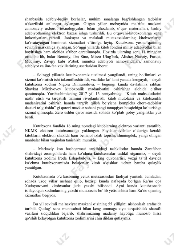 hkil topgan bo‘lib, 1971 yil holatiga ko‘ra 10 ming tom kitob fondiga ega bo‘lgan, 1150 nafar kitobxonga xizmat ko‘rsatgan. kutubxonaga yiliga 3 ming nafardan ziyod kitobsevarlar tashrif buyuradi. hozirgi kunda uning xazinasida 36 ming 700 kitob fondi bor. shulardan 22 ming 311 tomi badiiy hamda 4 ming 760 jildi texnik adabiyotlarga tegishlidir. shuningdek, kitob fondida har xil mavzudagi turli yillarda chop etilgan va turli sohalarga bag‘ishlangan milliy va nodir asarlar, ensiklopediyalar mavjud. kutubxonada ikkita bo‘lim o‘z yo‘nalishi bo‘yicha faoliyat ko‘rsatadi. abonement bo‘limida foydalanuvchilar o‘zlariga kerakli adabiyotlarni ochiq kitob fondi orqali tanlab, kitob javonida yo‘q kitoblarni alifbo va tizimli kataloglar asosida topishlari mumkin. ziyo maskanining 30 o‘rinli o‘quv zalida yangi kelgan adabiyotlar ko‘rgazmalari muntazam tashkil etib boriladi. u yerda mavzuli burchaklar bo‘lib, ularga tegishli ma’lumotlar va adabiyotlar joylashtirilgan. shuningdek, bu yerda mushtariylar uchun barcha sharoitlar yaratilgan. ijtimoiy-siyosiy, ilmiy adabiyotlar, 67 nomdagi gazeta va jurnallar va elektron resurslar fondi tashkil etilgan. kutubxonada …