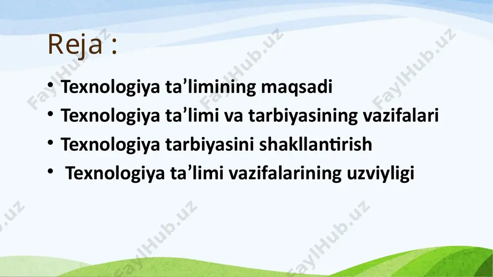 an iborat. rivojlantiruvchi maqsad – texnologiya ta’limi mashg‘ulotlari jarayonida o‘quvchilarga aqliy, jismoniy, axloqiy badiiy estetik tarbiya va ta’lim berish orqali ularning barkamol shaxslar bo‘lib yetishishlariga yordam berishdan iborat. nazorat maqsad – o‘quvchilarning dasturda belgilangan bilim, ko‘nikmalarni dts ga binoan o‘zlashtirish holatini nazorat qilishdan iborat. ijodiy vazifa – texnologiya ta’limi jarayonida bilim, ko‘nikma va malakalarini zamonaviy talablar darajasida bo‘lishini ta’minlash uchun o‘quvchilarning mustaqil ravishda ijodiy faoliyat yurita olishiga o‘rgatish. amaliy vazifa – buyum, narsa, namunalar asosida zaruriy vazifalarni amalda bajara olish. maktabda texnologiya ta’limidan o‘tkaziladigan mashg‘ulotlar quyidagi vazifalarni amalga oshirishni nazarda tutadi: – o‘quvchilarda dastlabki nazariy va amaliy texnologiya tajribalarini hosil qilish, zamonaviy texnika borasidagi bilimlari doirasini yanada kengaytirish, ularda kishilar texnologiyai va texnologiya jarayoniga nisbatan ijobiy munosabatda bo‘lishga tayyorlash; – o‘ziga topshirilgan har qanday ishni uddalay bilish, texnologiyaning o‘ziga xos madaniyati va uning nazariy asoslarini egallash, o‘z ishini va o‘rtoqlarining ishlarini rejalashtirish hamda tashkil eta olishga o‘rgatish; – o‘quvchilarni texnologiya …