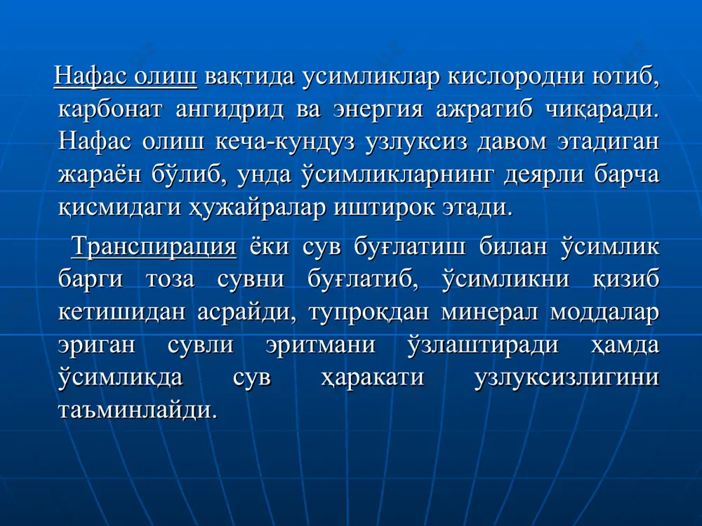 офилл доначалари устунсимон паренхиманинг тубига тушиб, ёруғликдан қочади. ёруғлик камайганда эса юқорига кўтарилади. қурғоқчилик ерларда ўсимликлар сувни кам буғлатиш учун кўпгина баргларини тиканга айлантиради. кактус, зирк, спаржа ўсимликларида барглар мутлақо тиканга айланган. айрим ўсимликларда барг пластинкасининг четидаги тишлари майда тиканларга айланади. махсар, қўшқўнмас ва говтикан ўсимликларида ана шундай баргларни кўриш мумкин. намгарчилик кам ерларда ўсувчи акация, кавул ўсимликларида эса ён баргчалар тиканга айланади. баъзи бир ўсимликларда баргнинг бутун ёки бирор қисми ипсимон жингалакка айланади. жингалаги бор бўлган ўсимликлар бошқа ўсимликларга илашиб ўсади ва баргларини қуёш ёруғлигига тутади. горох, нўхатак, бурчоқ, ясмиқ ўсимликларидаги мураккаб баргларнинг охирги баргчаси формасини ўзгартириб жингалакка айлантирган. сувда ёки ботқоқлик ерларда ўсадиган ўсимликларнинг барглари ҳашаротларни тутиб олиб, уни ҳазм қилишга мослашган. шунинг учун ҳам улар ҳашаротҳўр ўсимликлар деб аталади. ботқоқ росянкаси, веперина, мухаловка баргларига ҳашарот қўниши билан тукчалар таъсирланади ва улар ёпилиб ҳашаротни ушлаб олади. барг безлари эса ўзидан ёпишқоқ суюқлик-ферментлар ажратади ва шу суюқлик ёрдамида ҳашаротнинг …
