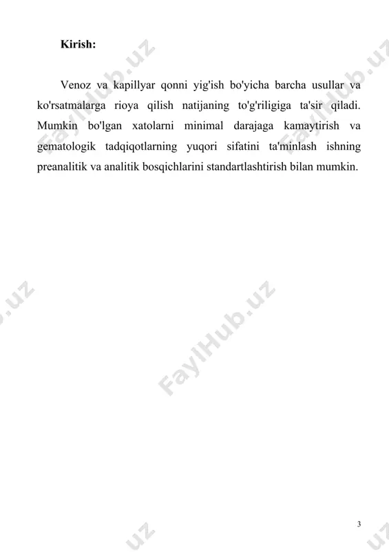 globinni aniqlash uchun 5 ml transformator eritmasi, 3. leykotsitlar sonini hisoblash uchun 0,4 ml 3% li sirka kislota eritmasi. 4. 5% li trialmashtirilgan natriy sitrat eritmasi 50 ballgacha panchenkov kapillyariga solinadi va probirkaga yoki buferdagi 3,8% na sitrat (deltalab, sarstedt, b&d va boshqalar) solingan probirkalarga quyiladi, bu esa barqarorlikni saqlashga imkon beradi. eritrotsitlar soni 12 soatgacha - esr ta'riflari uchun. qon olingandan so'ng darhol 1, 2 va 3-probirkalarga 20 mkl qon qo'shiladi va pipetka yuqori suyuqlik qatlamida bir necha marta yuviladi. qon testi eritrotsitlar uchun suyultirish bilan boshlanadi, chunki leykotsitlar soni va gemoglobin miqdorini aniqlash bo'yicha keyingi ishlar eritrotsitlarga olib keladigan reagentlardan foydalanish bilan bog'liq. esrni aniqlash uchun qon ikki marta 0 belgisigacha (100 bo'linma) natriy sitrat bilan yuvilgan kapillyarga olinadi va natriy sitrat eritmasi bilan probirkaga puflanadi (qon va reagent nisbati 4: 1), probirka chayqatiladi. leykotsitlar formulasini o'rganish uchun eritrotsitlar, leykotsitlar, trombotsitlar morfologiyasi, qon smetalari tayyorlanadi: ular in'ektsiya joyini …