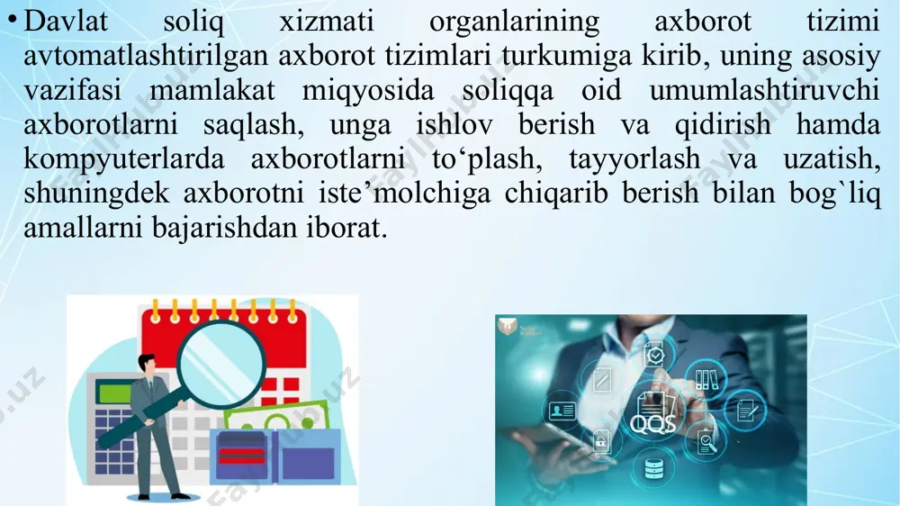 chi axborotlarni tashkil etish shakli, joylashtirilish hajmi (axborotni tasniflash va kodlashtirish, hujjatlarni unifikatsiyalashgan tizimi, axborot oqimlarining yagona tizimi) bo‘yicha loyiha qarorlarining, shuningdek, ma’lumotlar bazasi tuzilish uslubining majmuidir. u ko‘rsatkichlarni, ma’lumotnomalarni axborotni tasniflovchi hujjatlarning unifikatsiyalashgan tizimini, tashuvchi vositalardagi axborotlarni o‘z ichiga oladi. axborot ta’minoti tashkilotda aylanib yuruvchi axborotlarni tashkil etish shakli, joylashtirilish hajmi (axborotni tasniflash va kodlashtirish, hujjatlarni unifikatsiyalashgan tizimi, axborot oqimlarining yagona tizimi) bo‘yicha loyiha qarorlarining, shuningdek, ma’lumotlar bazasi tuzilish uslubining majmuidir. u ko‘rsatkichlarni, ma’lumotnomalarni axborotni tasniflovchi hujjatlarning unifikatsiyalashgan tizimini, tashuvchi vositalardagi axborotlarni o‘z ichiga oladi. texnik ta’minot. texnik ta’minot — axborot tizimi ishi uchun mo‘ljallangan texnik vositalar kompleksi, shuningdek, ushbu vositalar va texnologik jarayonlarga tegishli hujjatlardir matematik ta’minot. matematik ta’minot — axborot tizimida vazifalarni hal etishda foydalaniladigan axborotlarni qayta ishlash algoritmi, modellari, matematik uslublari majmui. dasturiy ta’minot — bu axborot tizimining maqsad va vazifalarini amalga oshirish uchun dasturlar majmui, shuningdek texnik vositalar kompleksining me’yorida ishlab turishi demakdir. image1.jpg image2.png …