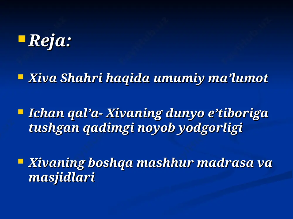 n, bu sayyohlar uchun juda qulay, ham ziyorat uchun ham tijorat- esdalik sovg’alar harid qilish uchun keng imkoniyatdir; bugungi xiva- haqiqiy sayyohlar ma’vosi. qal’a devorlar bilan o’ralgan va 26 ga. maydonni egallagan kalta minor tarixiy me’moriy obidalar ichan qal’a: polvon darvoza yaqinidagi said-boy masjidi va madrasasi(18 asr oxiri 19 asr boshlari); olloqulixon madrasasi(1834-35) ; oq masjidi (1832-42); juma masjidi va minorasi (1657); tosh hovli ( olloqulixon saroyi) (1830-36) va boshqa masjid va madrasalar. juma masjidi minorasi juma masjidi ichki ko’rinishi ibodat vaqti xiva- ertak shahar. u markaziy osiyodagi odamlar yashadigan yagona yodgorlik shahardir. e’tiboringiz uchun rahmat!