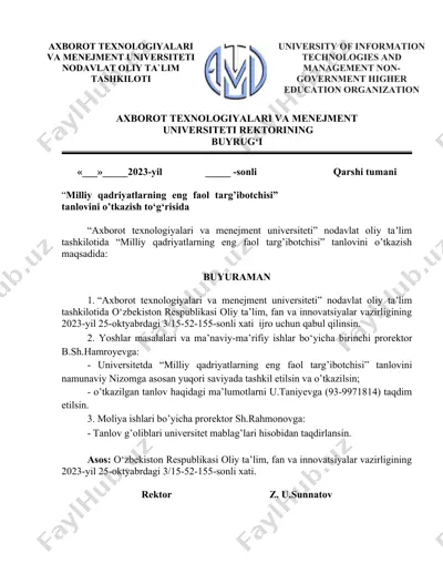 "milliy qadriyatlarning eng faol targ’ibotchisi" tanlovi — DOCX