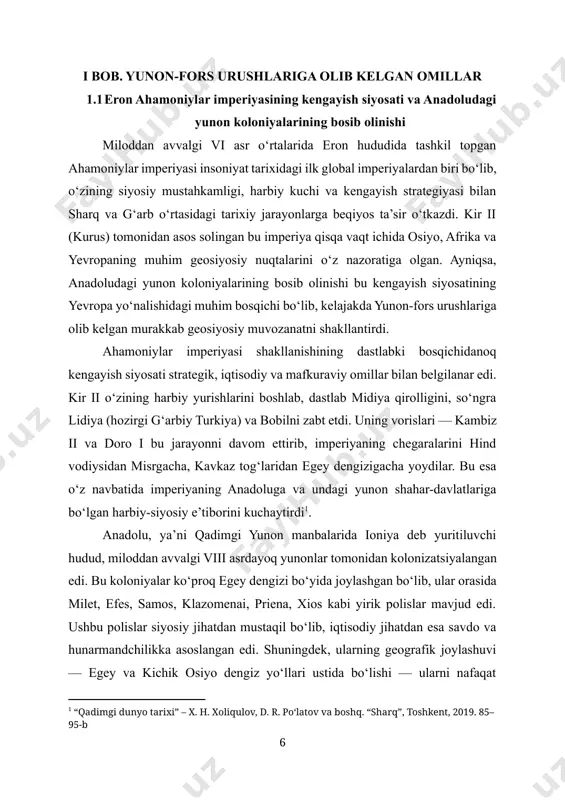 tdan mustaqil bo‘lib, iqtisodiy jihatdan esa savdo va hunarmandchilikka asoslangan edi. shuningdek, ularning geografik joylashuvi — egey va kichik osiyo dengiz yo‘llari ustida bo‘lishi — ularni nafaqat iqtisodiy, balki harbiy nuqtai nazardan ham muhim qilardi. kir ii tomonidan lidiya shohi krez ustidan qozonilgan g‘alaba (mil. avv. 546 y.) ioniyadagi yunon koloniyalarining ahamoniylar imperiyasi tarkibiga kiritilishiga olib keldi. bu bosib olish harbiy zo‘ravonlik emas, balki siyosiy va iqtisodiy tazyiq, diplomatik bosimlar bilan amalga oshirildi. dastlab ahamoniylar mahalliy hukmdorlarni o‘z joylarida qoldirib, ularga imperiyaga sodiq bo‘lish majburiyatini yukladilar. shu tariqa, milet va efes singari shaharlar ahamoniylarga xiroj to‘lash sharti bilan yarim mustaqil maqomda faoliyat yuritdi. doro i davrida (mil. avv. 522–486 yy.) anadoludagi yunon koloniyalarining siyosiy holati o‘zgarib, ular ahamoniylar satraplik tizimiga bo‘ysundirildi. bu esa, o‘z navbatida, yunonlar orasida norozilik kuchayishiga sabab bo‘ldi. ayniqsa, yuqori soliq yuklari, ahamoniylar tomonidan tayinlangan satraplar va harbiy nazoratning kuchaytirilishi ioniya qo‘zg‘oloni (mil. avv. 499–493 yy.) uchun …