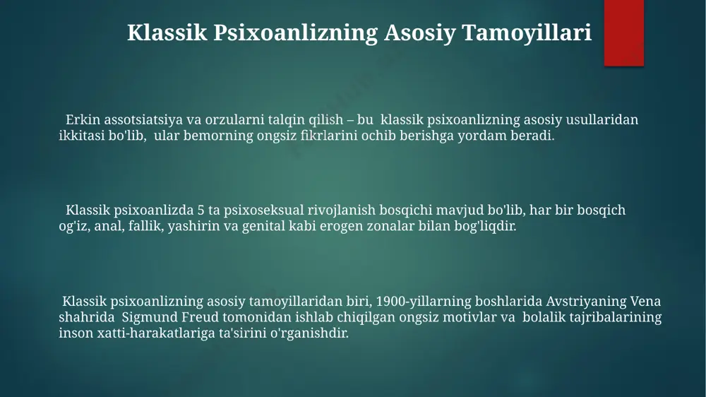 shma shtatlarida ham keng qo'llaniladi. orzular va simvolizm orzularning ramziyligi jungning arxetiplari nazariyasi bilan bog'liq bo'lib, 7 ta asosiy arxetipni o'z ichiga oladi va bular inson ongi va ong osti olamidagi universal ramzlarni ifodalaydi. freydning orzularni talqin qilish usuli 1900-yilda vena shahrida nashr etilgan "orzularning talqini" asarida batafsil bayon etilgan bo'lib, 3 turdagi orzular – yashirin, yaqqol va ramziy orzularni farqlaydi. orzularni talqin qilishda, masalan, suv 2 ga yaqin ma'nolarga ega bo'lishi mumkin: ona qornini yoki bilinçaltı his-tuyg'ular dengizini ifodalash. shu sababli, biror ramzni faqatgina bir ma'noda talqin qilish noto'g'ri. klassik psixoanlizning terapiya usullari klassik psixoanlizda, 5-10 yillik davolanish jarayonida, transfer va qarshilik kabi 2 ta asosiy mexanizm orqali ongsiz konfliktlarni hal qilishga harakat qilingan. klassik psixoanlizda bemorning ongsiz fikrlarini ochib berish uchun 5-6 marta sessiya davomida erkin assotsiatsiya usuli, vena va zurich kabi shaharlardagi klinikalarda qo'llanilgan. 1920-yillarda psixoanalitik terapiyaning samaradorligini oshirish maqsadida, taxminan 30ta turli interpretatsiya texnikasi ishlab chiqilgan …
