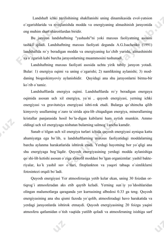 sun`iy yo`ldoshlaridan olingan malumotlarga qaraganda yer kurrasining albedosi 0.33 ga teng. quyosh energiyasining ana shu qismi fazoda yo`qolib, atmosferadagi havo harakatida va yerdagi jarayonlarda ishtirok etmaydi. quyosh energiyasining 20 foizga yaqini atmosfera qatlamidan o`tish vaqtida yutilib qoladi va atmosferaning isishiga sarf bo`ladi. yerga esa o`rtacha olganda quyosh energiyasining 50 foizigina yetib keladi. yerga yetib kelgan energiya oqimining asosiy qismi qisqa to`lqinli quyosh radiatsiyasidir. bu oqim ba`zan quyosh doimiyligi deb ham ataladi va mutloq emas, 1,5-2 foiz orasida o`zgarib turadi. ana shu qisqa to`lqinli quyosh radia-siyasi energiyasining jadalligi 1,98 dan 2,0 kal/sm kv deb hisoblanadi. turli landshaftlarda ro`y beradigan quyosh energiyasining o`zgarilishini y.l.runer (1992), m.i.budiko (1977) ishlarida ko`rish mumkin. landshaftlarga quyosh energiyasi asosan to`g`ri va tarqoq radiatsiya sifatida kirib keladi.ular birgalikda yalpi radiatsiyani tashkil qiladi. yer yuziga yetib keladigan yalpi radiatsiyaning kuchi o`rtacha olganda 5600 x\m kv yilga tengdir. yalpi radiatsiyaning ma`lum bir qismi landshaftlardan aks etib yana atmosferaga qaytadi. bu …