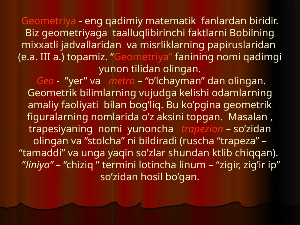 1800 (n-2) / n ga teng. a b c d e m l f aylana va doira. o- markaz ok- radius ab- vatar cd- diametr <kod- markaziy burchak <abl-ichki chizilgan burchak. acb-yoy a- urunma .o a b d k f c o l a l = 2πr l = πd s = πr2 s =π r2n0/3600 –doiraviy sektorning yuzi d = 2πr n0/3600 – yoyning uzunligi biz tavsiya etayotgan ushbu material matematika o’qituvchilari uchun 60 soat geometriya, 18 soat- trigonometriya (uchburchak tomonlari va burchaklari orasidagi munosabat) , 6 soat integral(egri chiziqli trapetsiyaning yuzini topish ) va 4 soat hosila , jami 88 soat darsda foydalanish mumkin. qo’llanilishi: slinidr kub prizma audio1.wav audio2.wav audio3.wav audio4.wav audio5.wav audio6.wav audio7.wav audio8.wav audio9.wav audio10.wav audio11.wav audio12.wav audio13.wav /docprops/thumbnail.jpeg